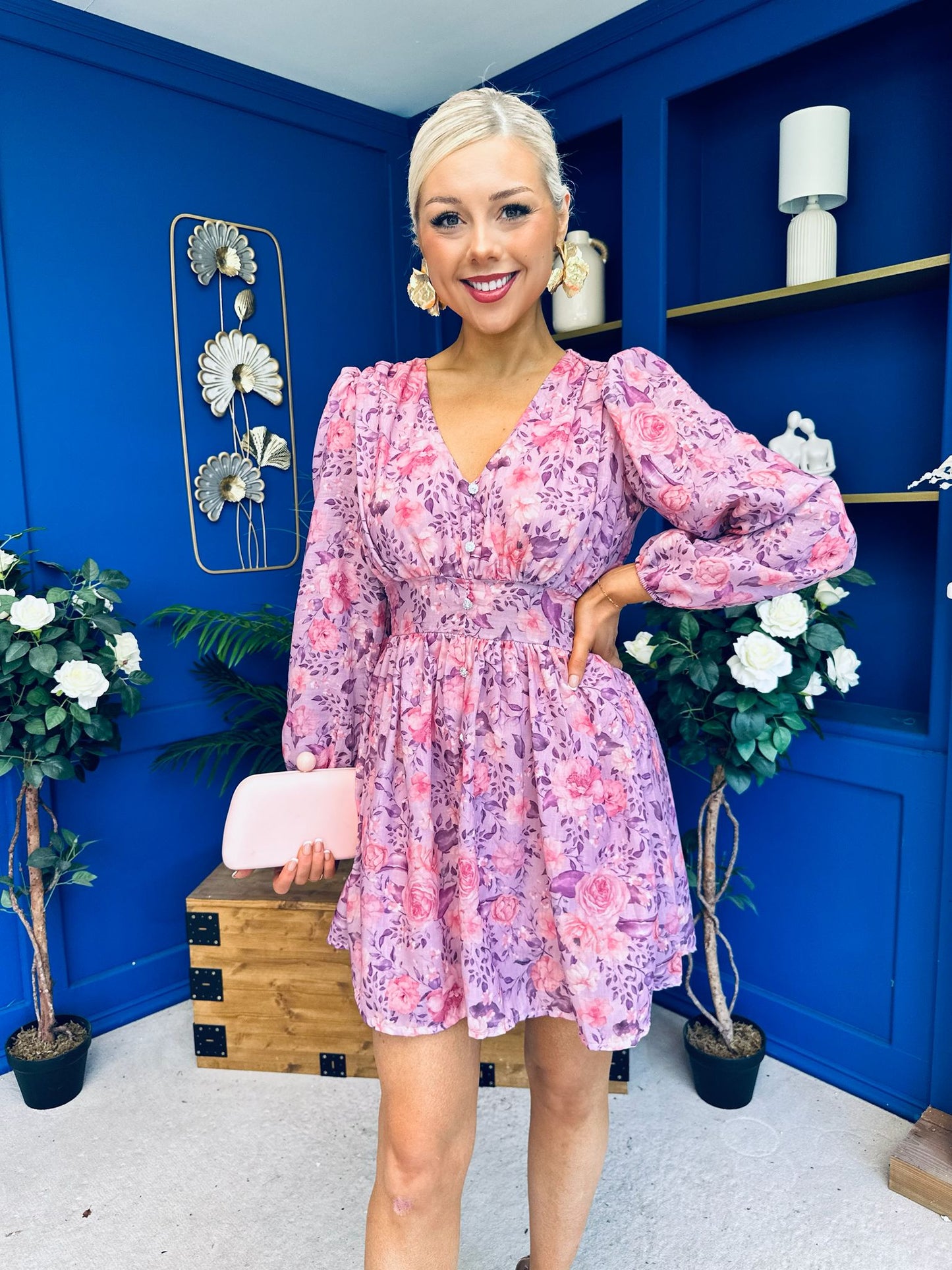 Hope Button Detail Mini Dress Floral Lilac