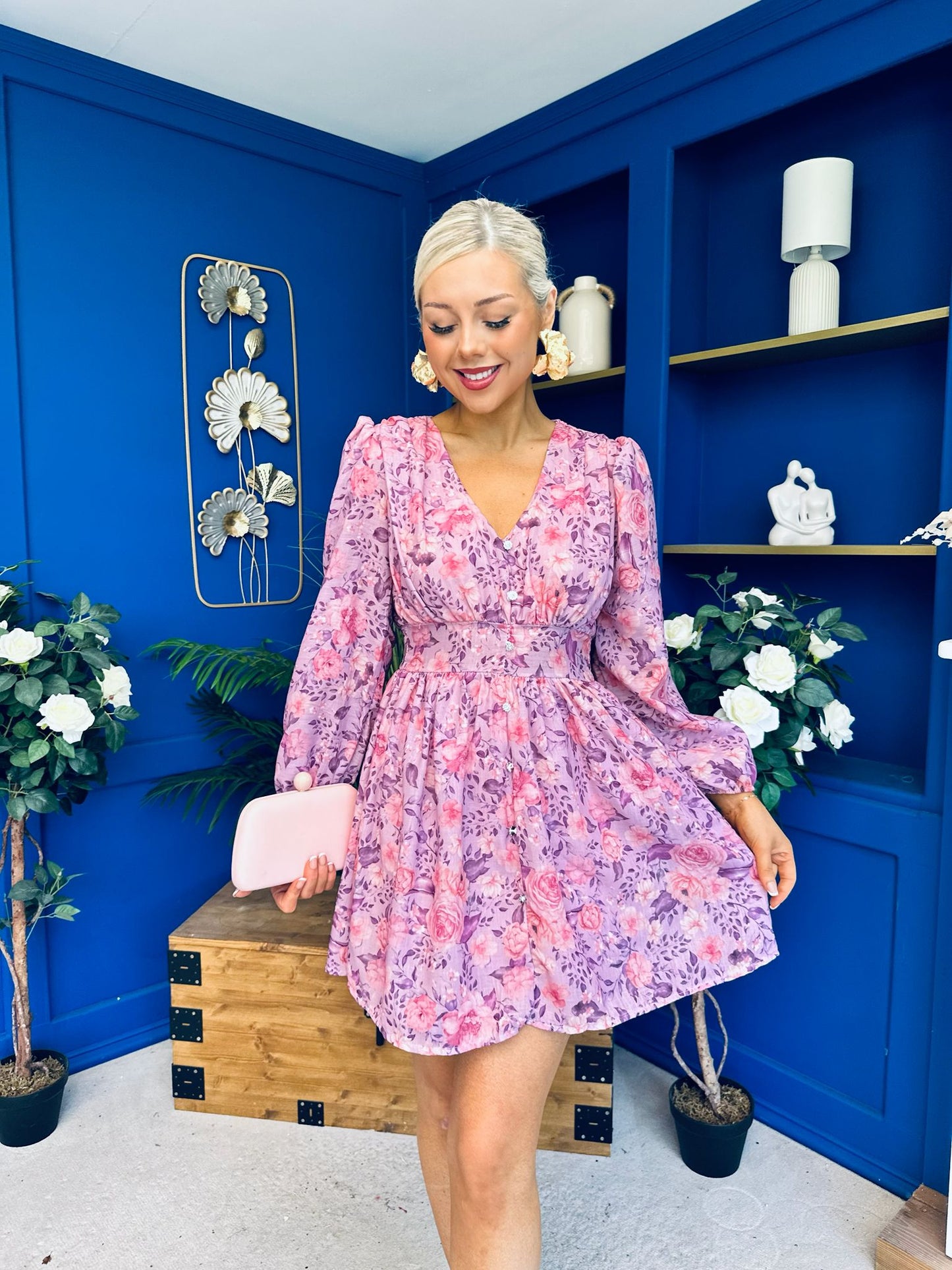Hope Button Detail Mini Dress Floral Lilac