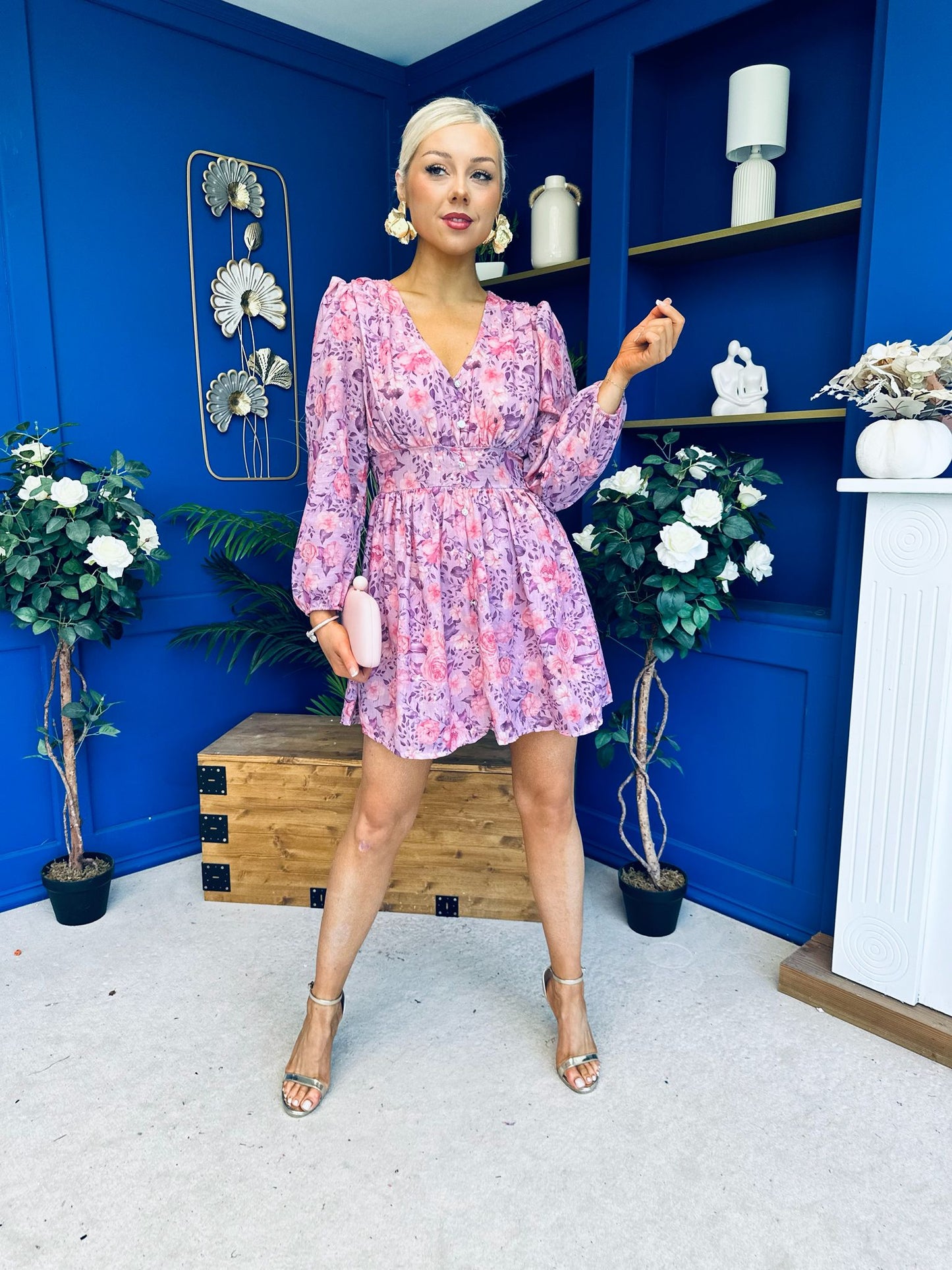 Hope Button Detail Mini Dress Floral Lilac
