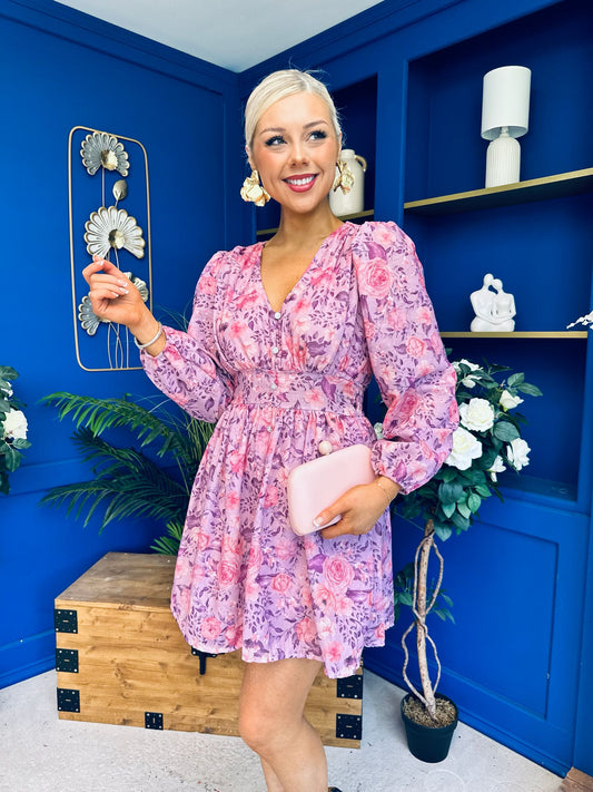 Hope Button Detail Mini Dress Floral Lilac