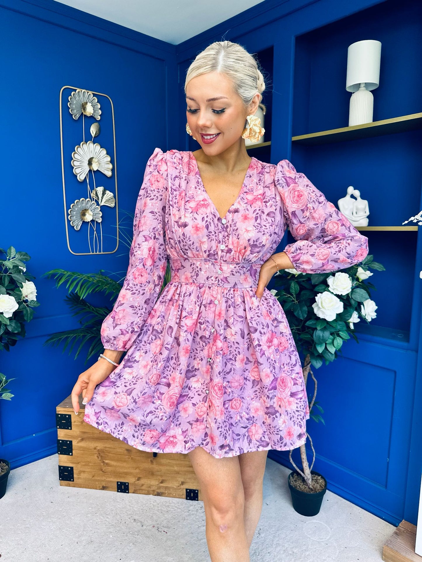 Hope Button Detail Mini Dress Floral Lilac