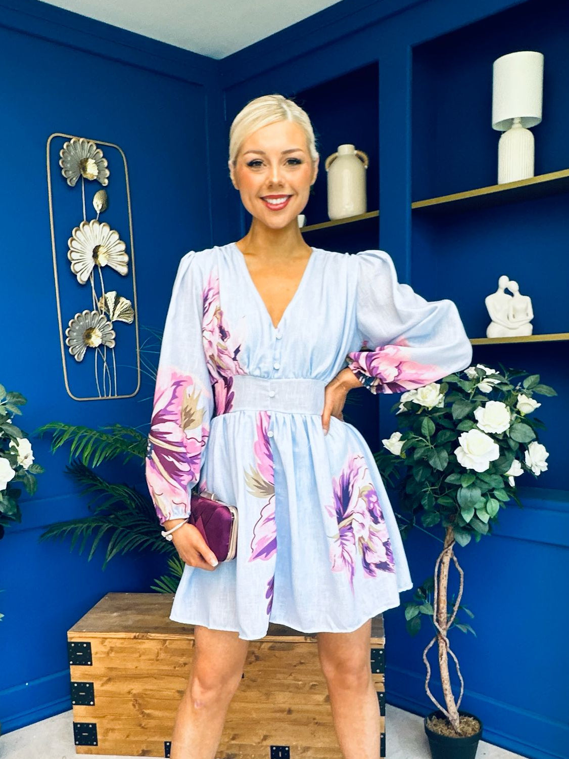 Hope Button Detail Mini Dress Floral Blue