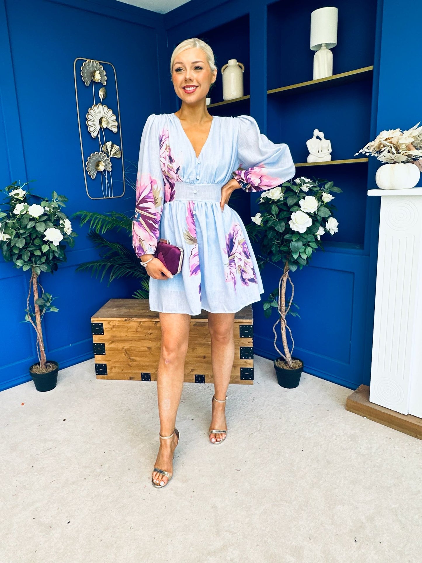 Hope Button Detail Mini Dress Floral Blue