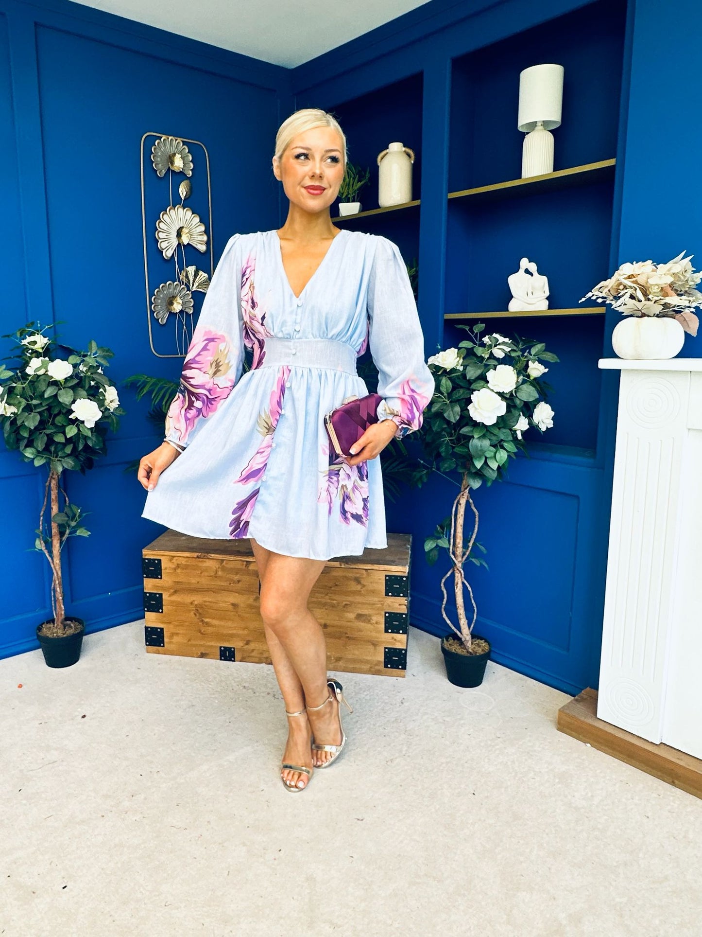 Hope Button Detail Mini Dress Floral Blue
