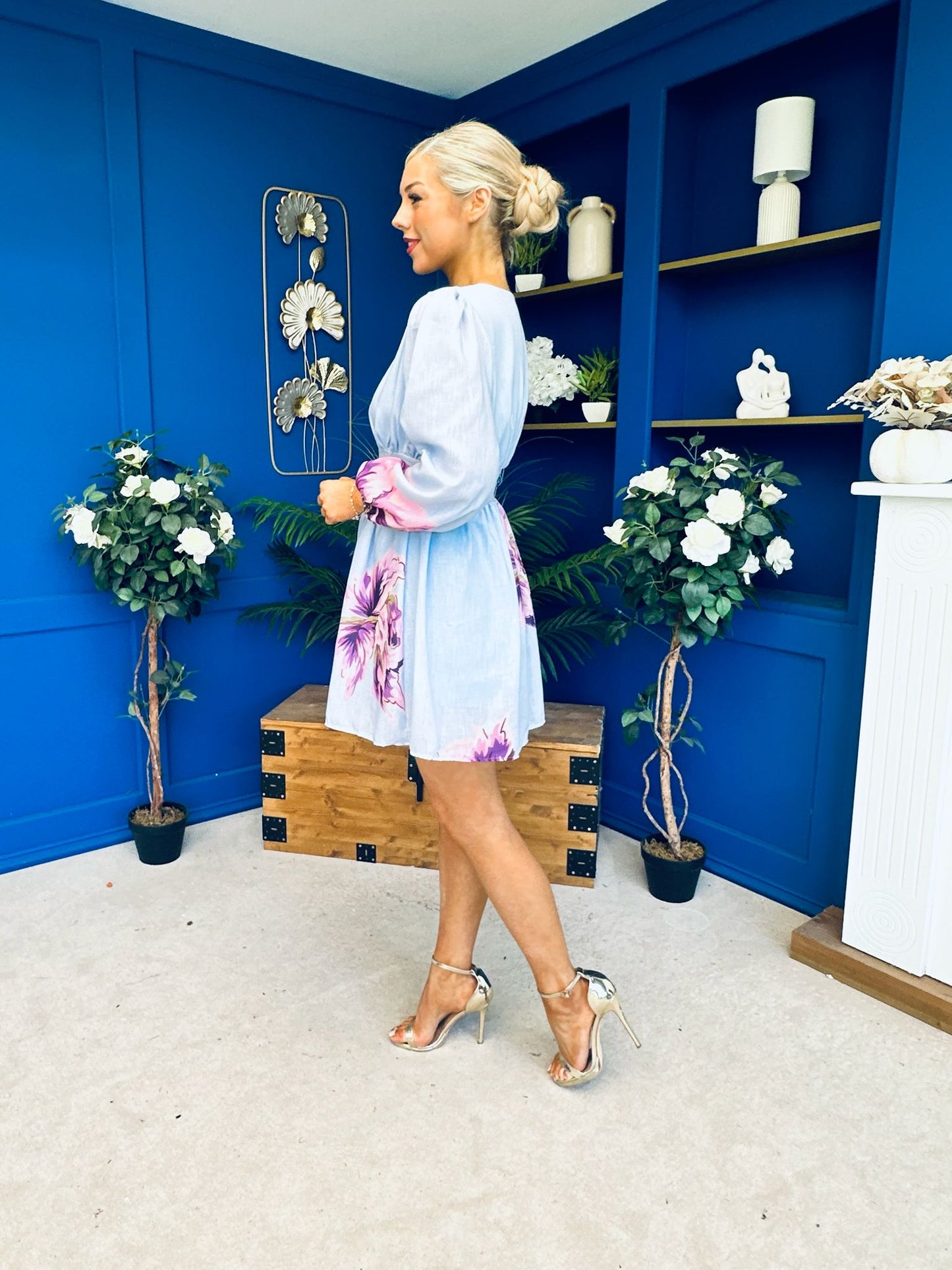 Hope Button Detail Mini Dress Floral Blue