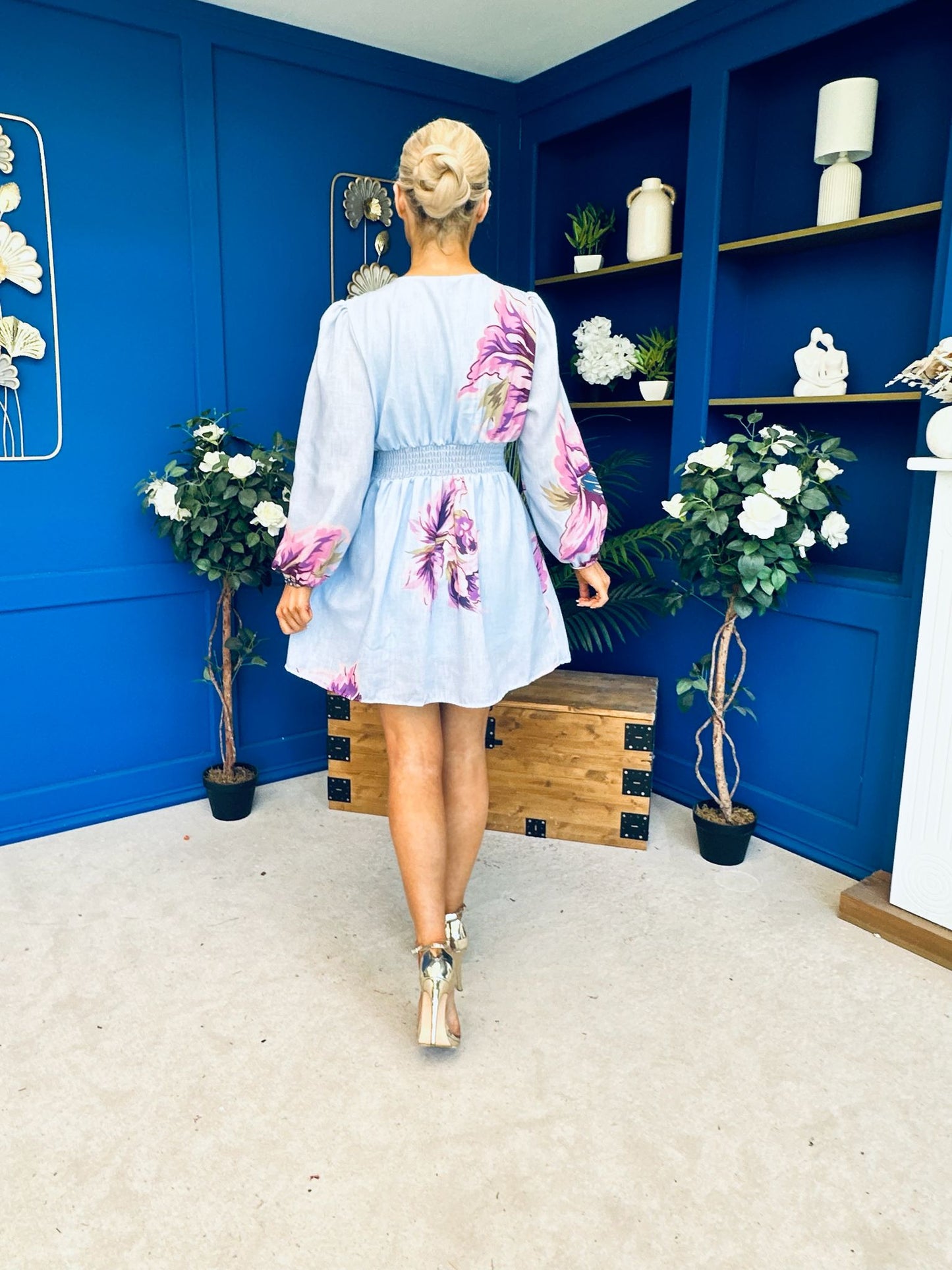 Hope Button Detail Mini Dress Floral Blue