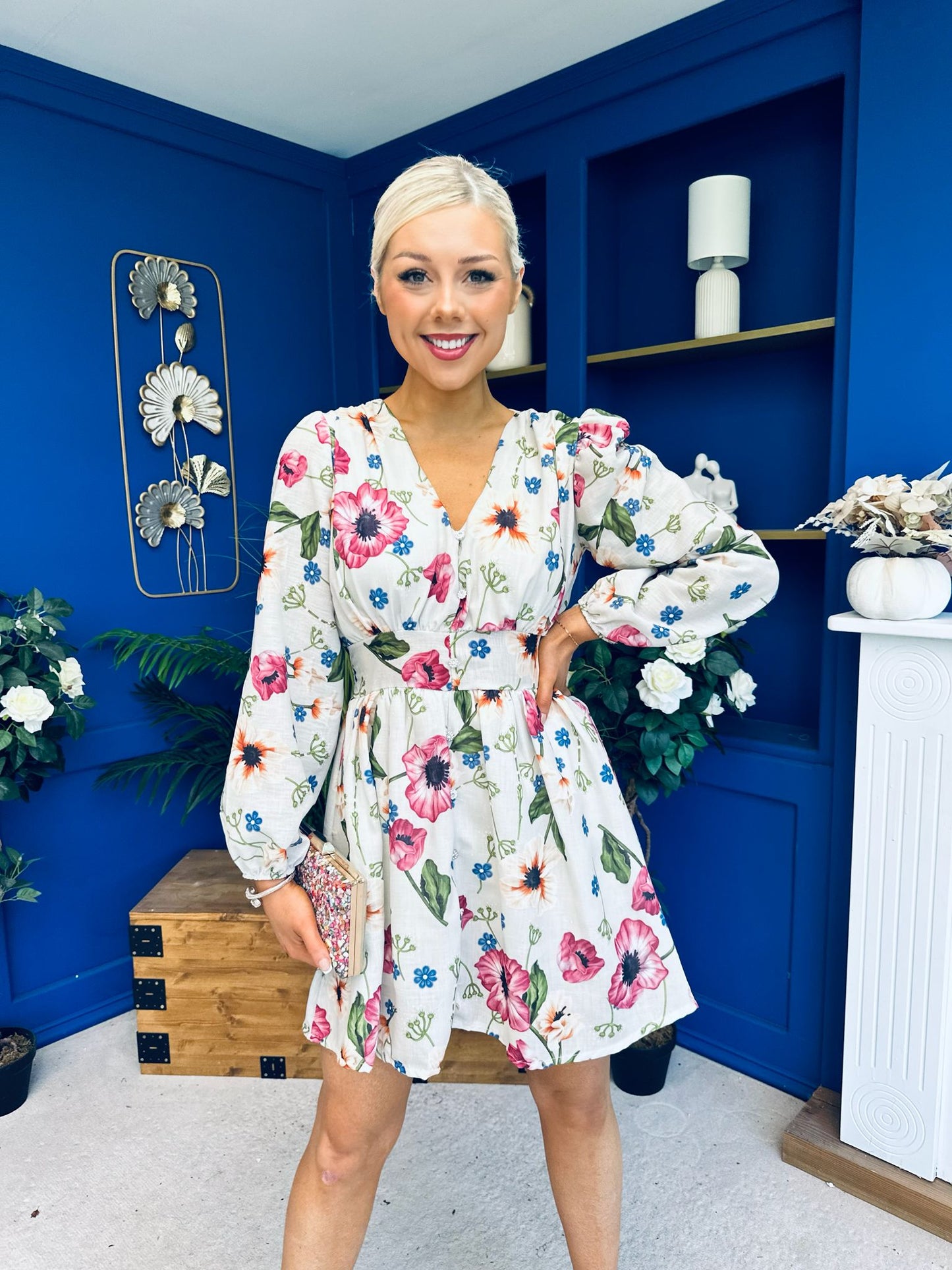 Hope Button Detail Mini Dress Floral Green