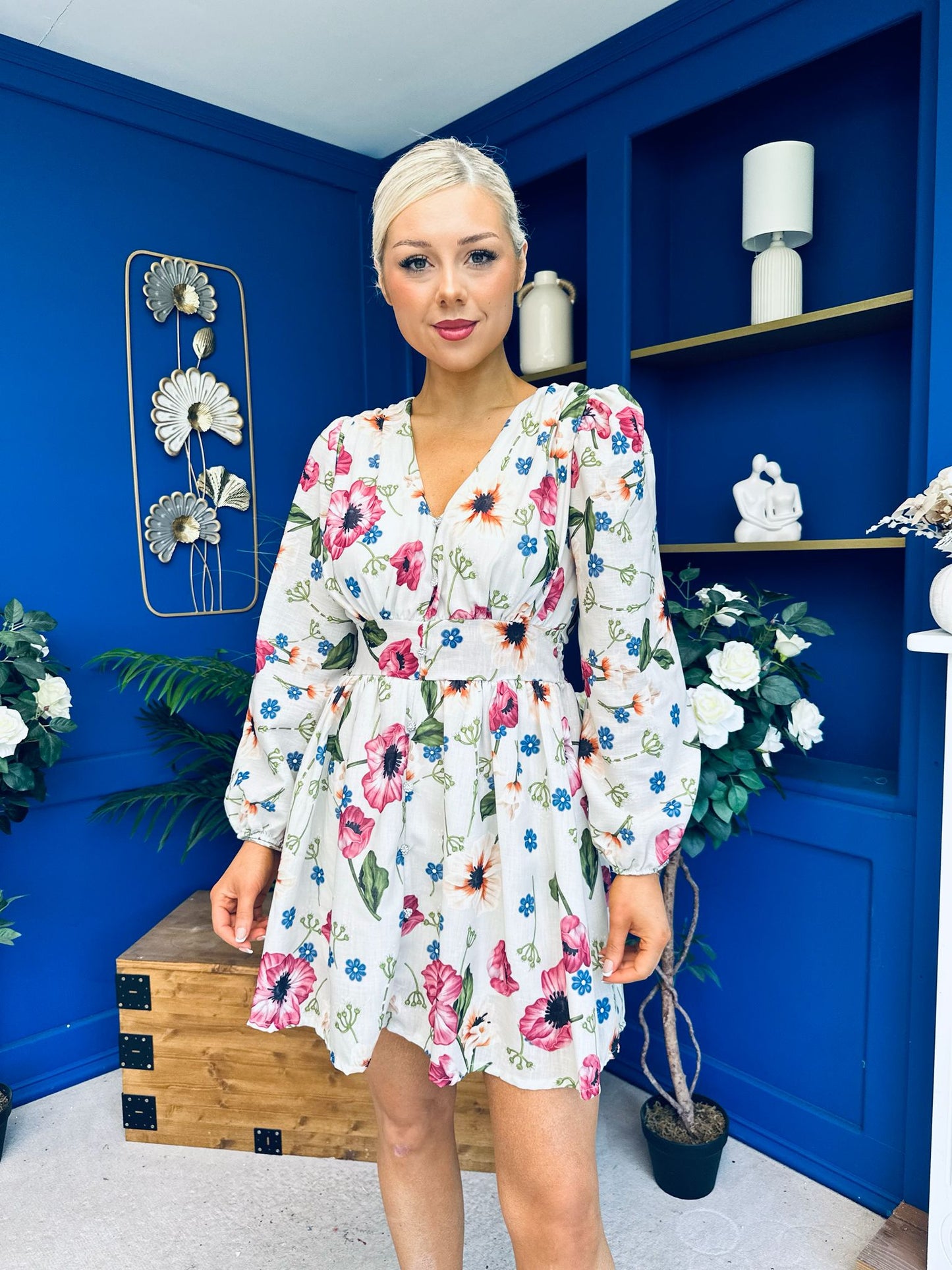 Hope Button Detail Mini Dress Floral Green