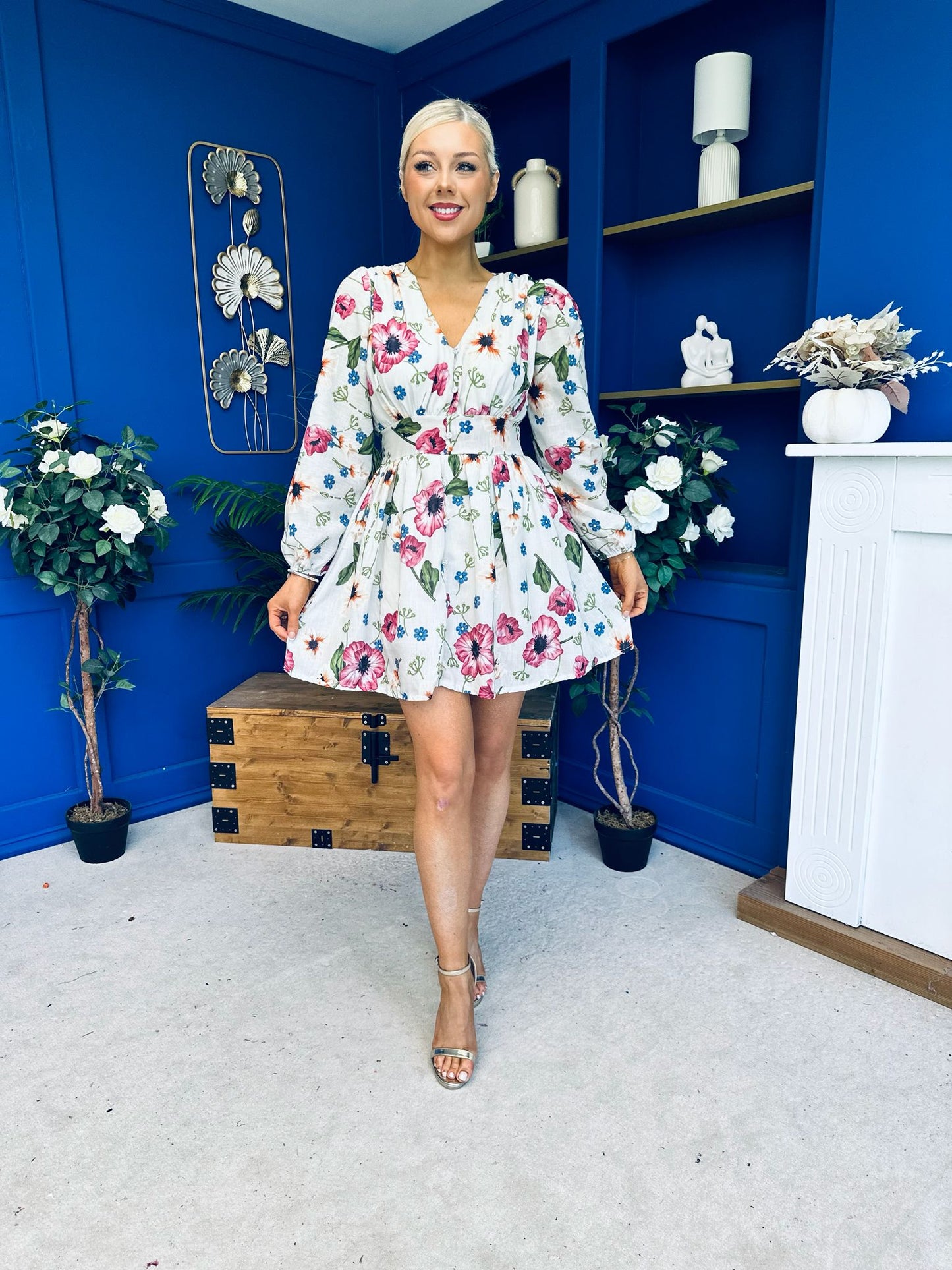 Hope Button Detail Mini Dress Floral Green