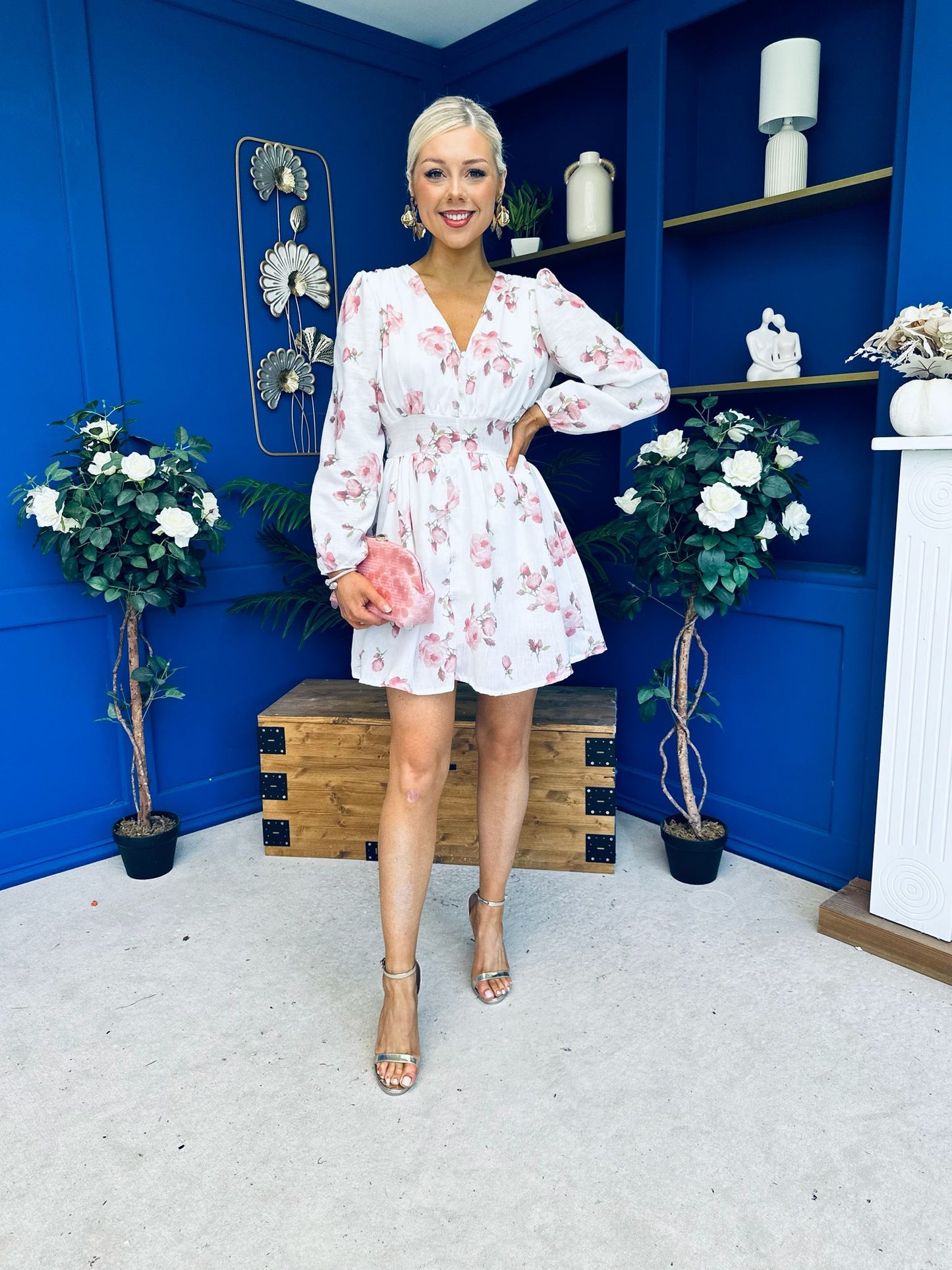Hope Button Detail Mini Dress Floral Ivory