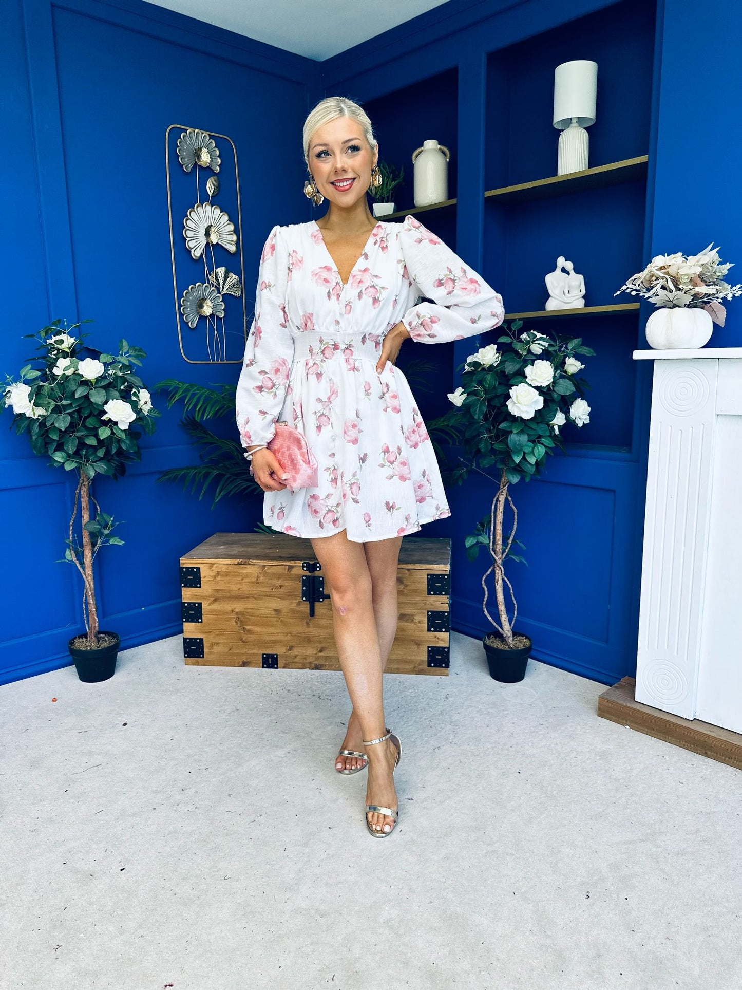Hope Button Detail Mini Dress Floral Ivory