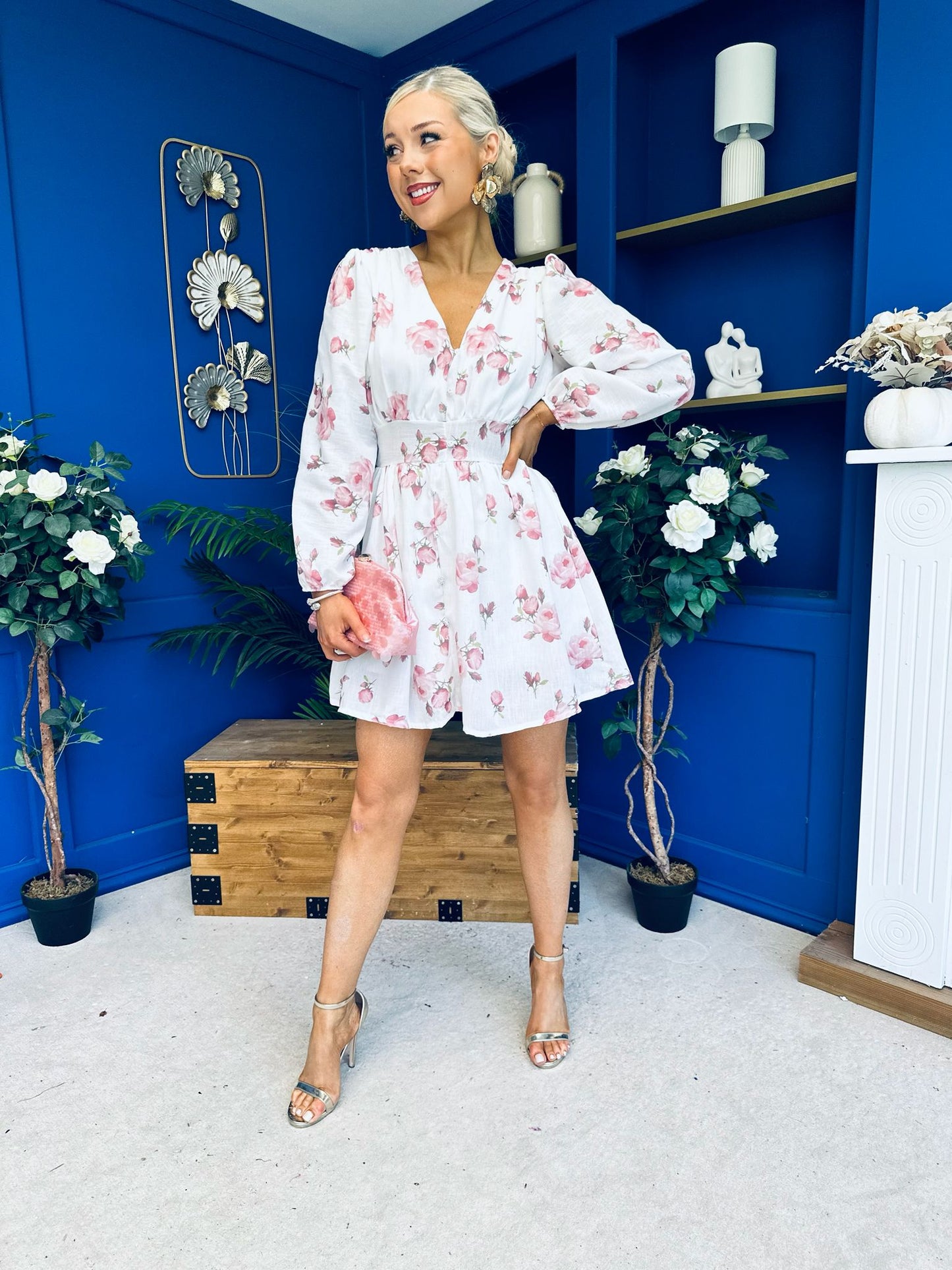Hope Button Detail Mini Dress Floral Ivory