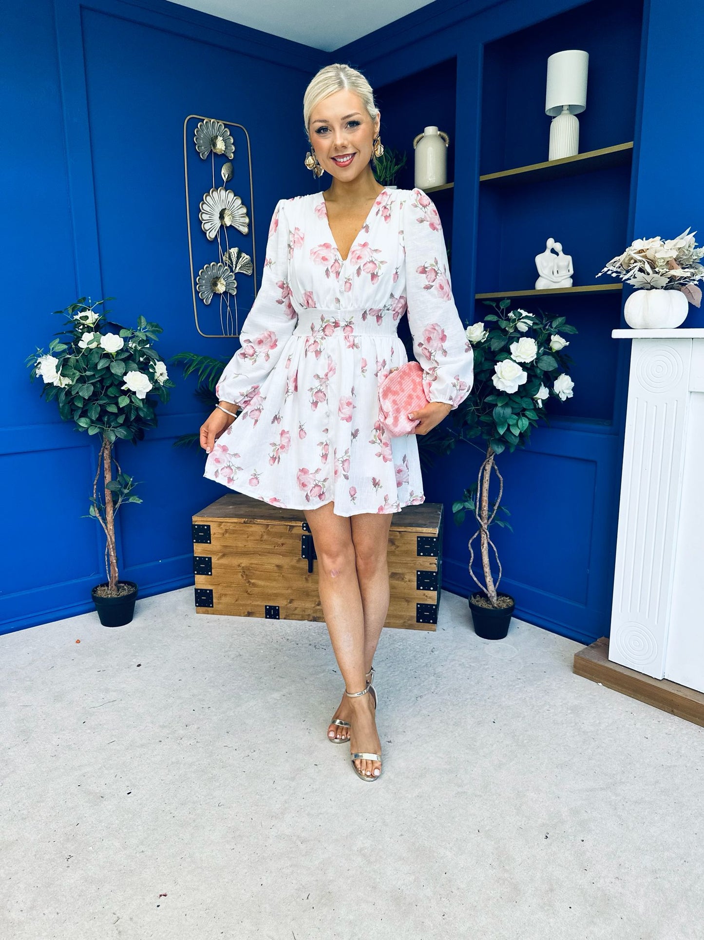 Hope Button Detail Mini Dress Floral Ivory