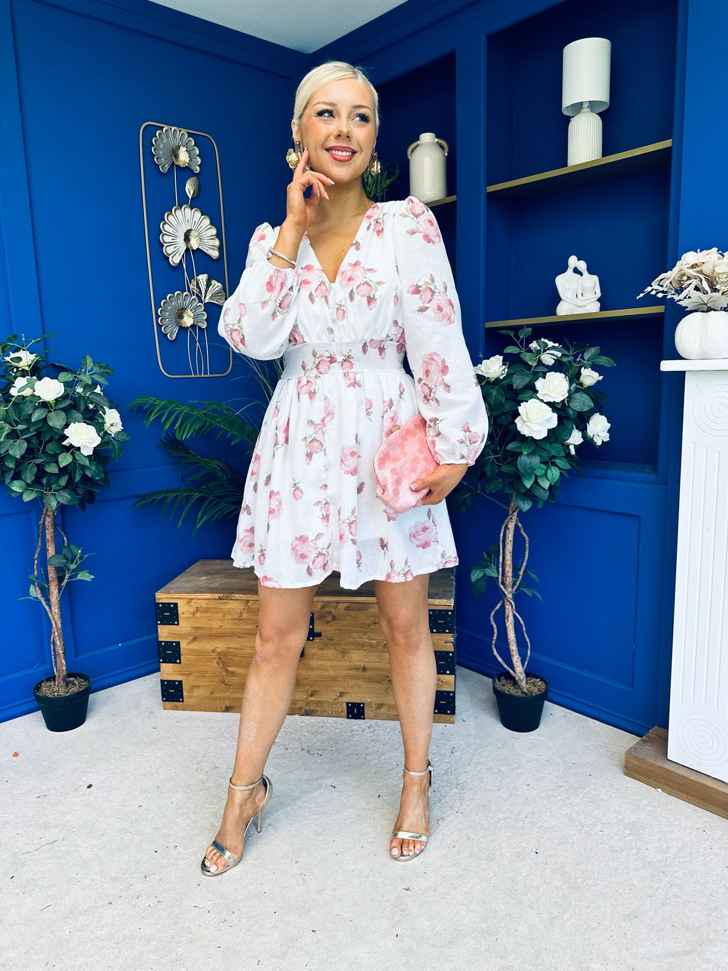 Hope Button Detail Mini Dress Floral Ivory