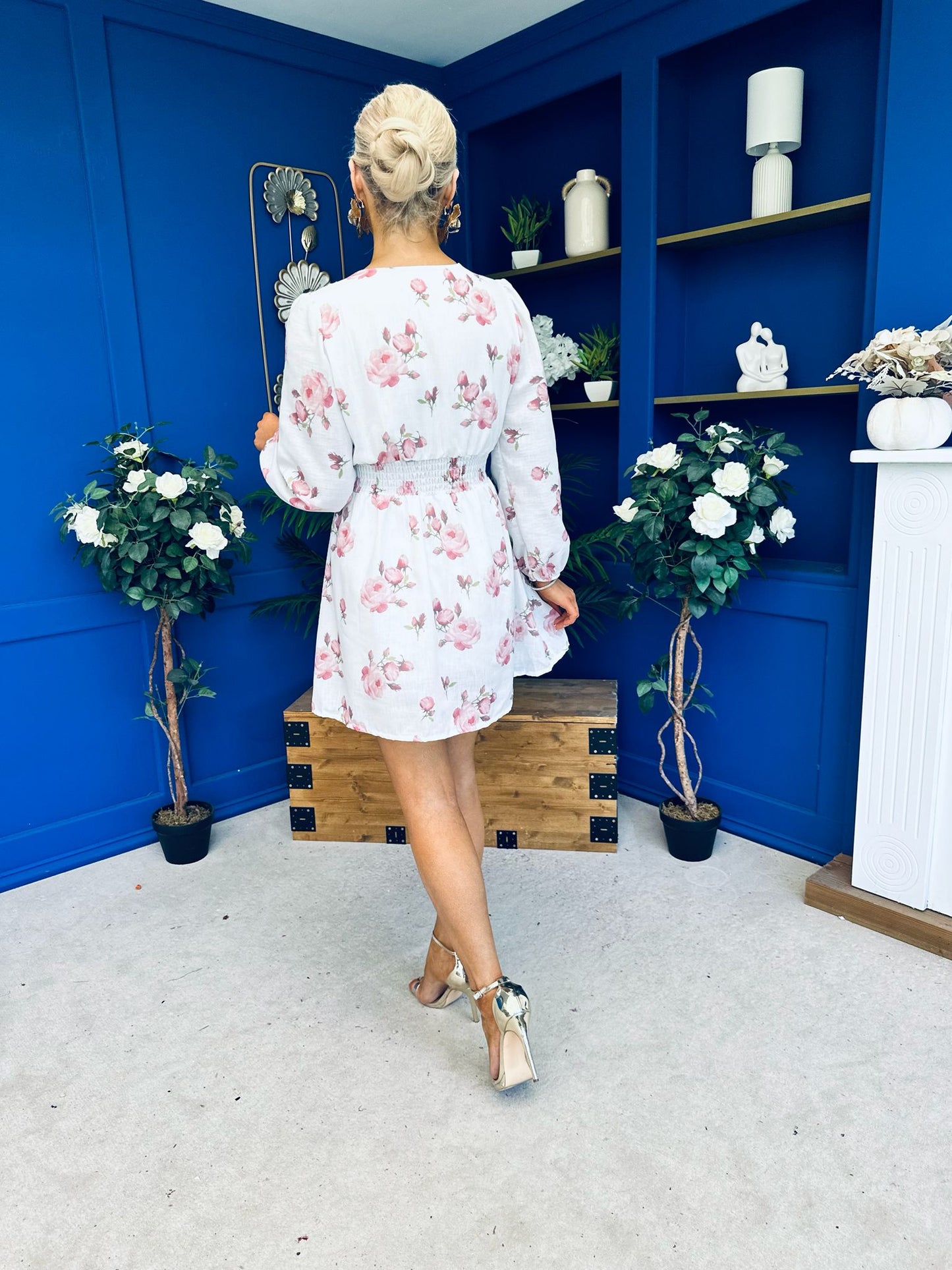 Hope Button Detail Mini Dress Floral Ivory