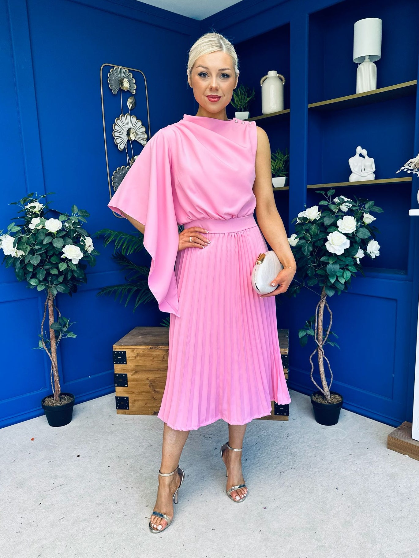 Arabella Pleated Occasion Midi Dress Baby Pink