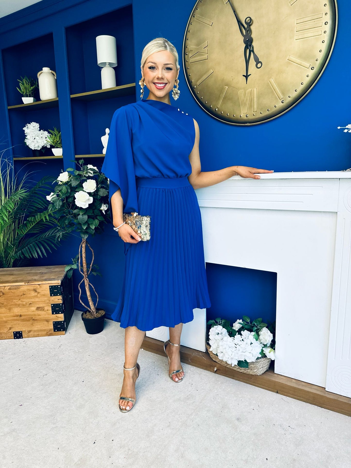 Arabella Pleated Occasion Midi Dress Cobalt