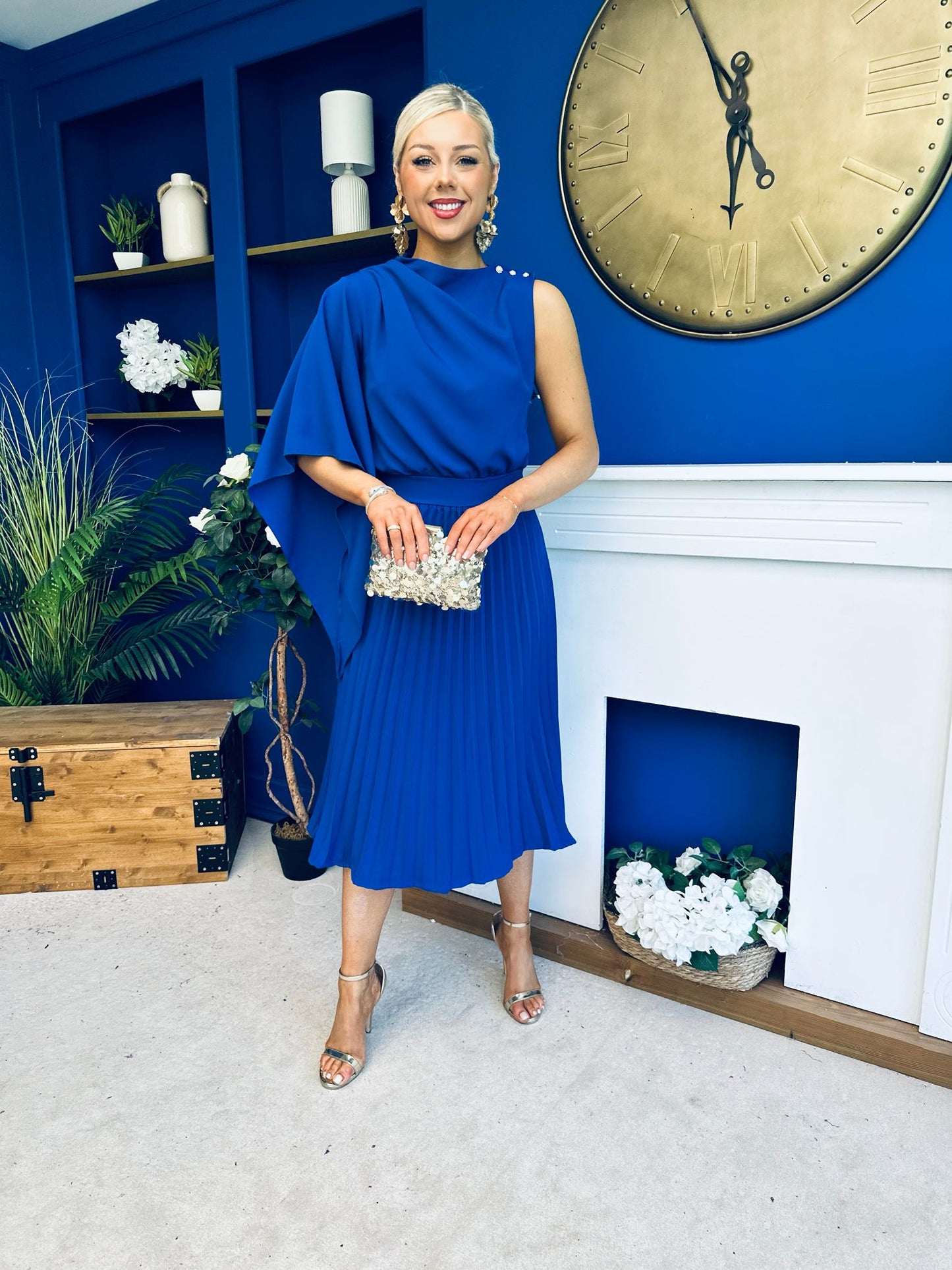 Arabella Pleated Occasion Midi Dress Cobalt