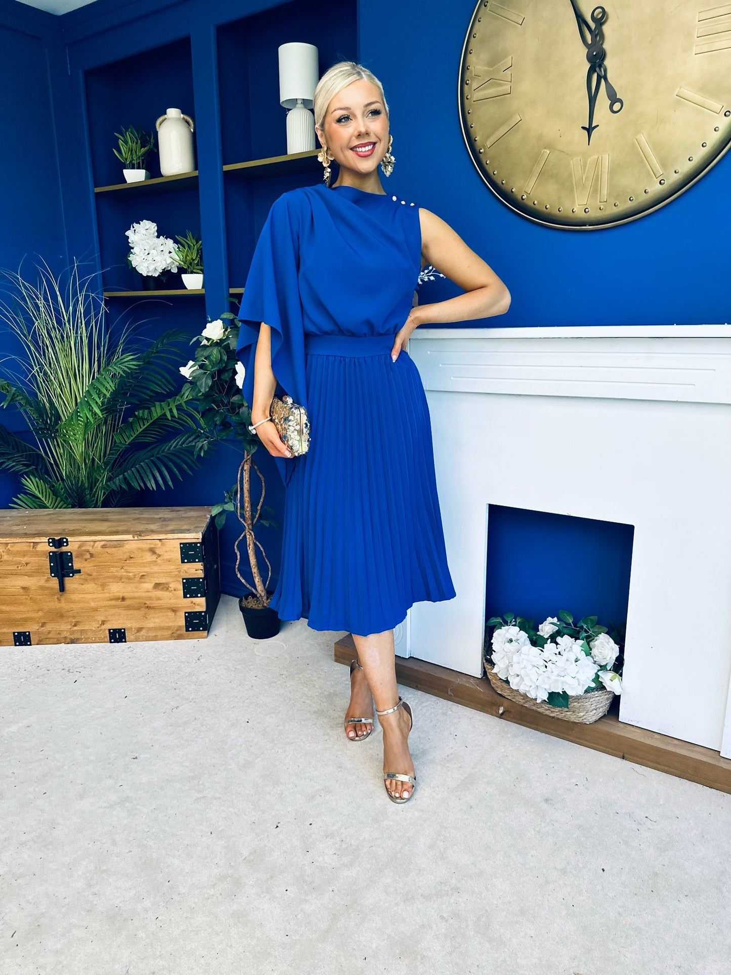 Arabella Pleated Occasion Midi Dress Cobalt