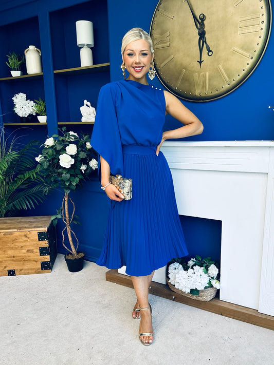 Arabella Pleated Occasion Midi Dress Cobalt