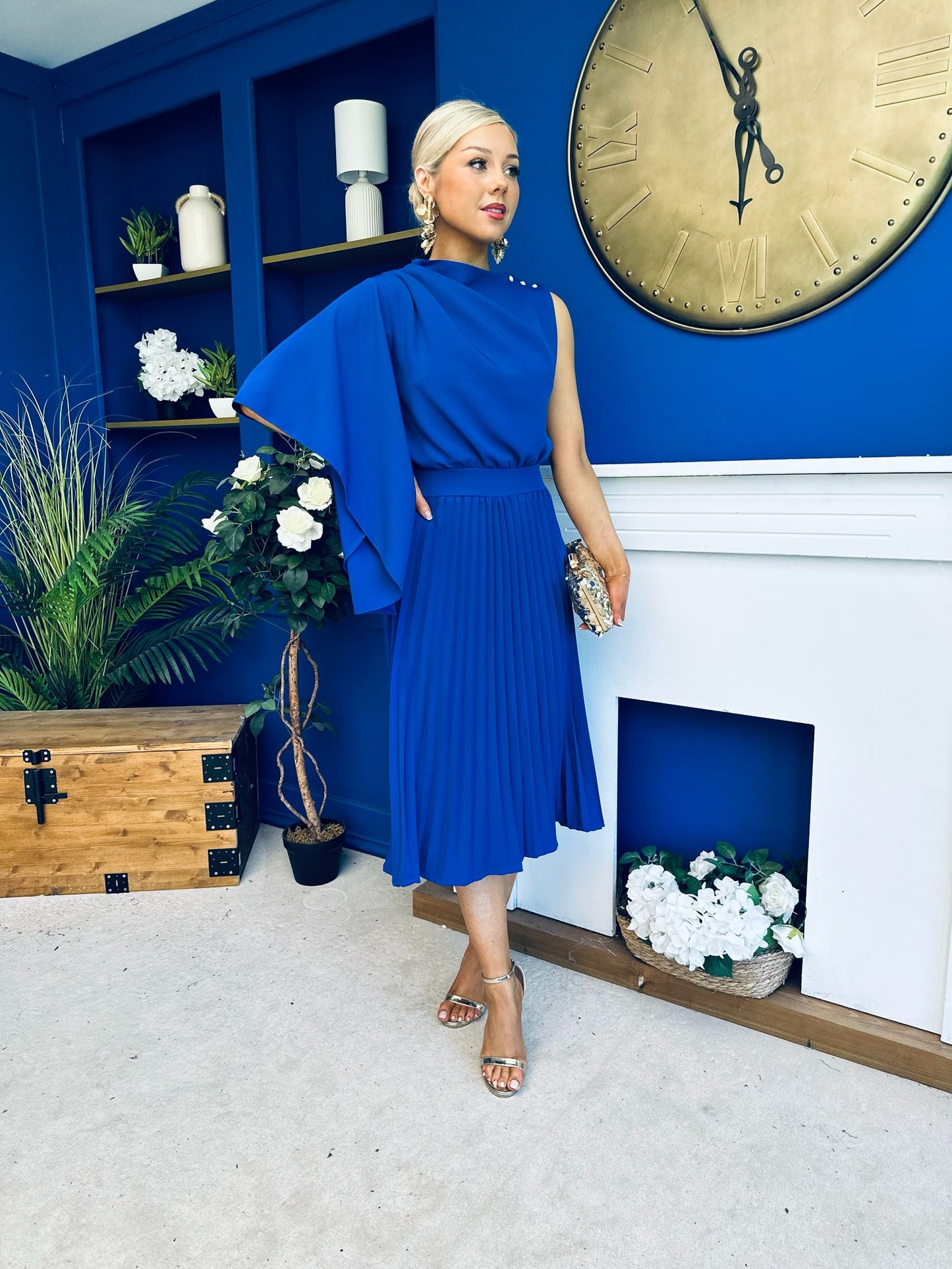 Arabella Pleated Occasion Midi Dress Cobalt