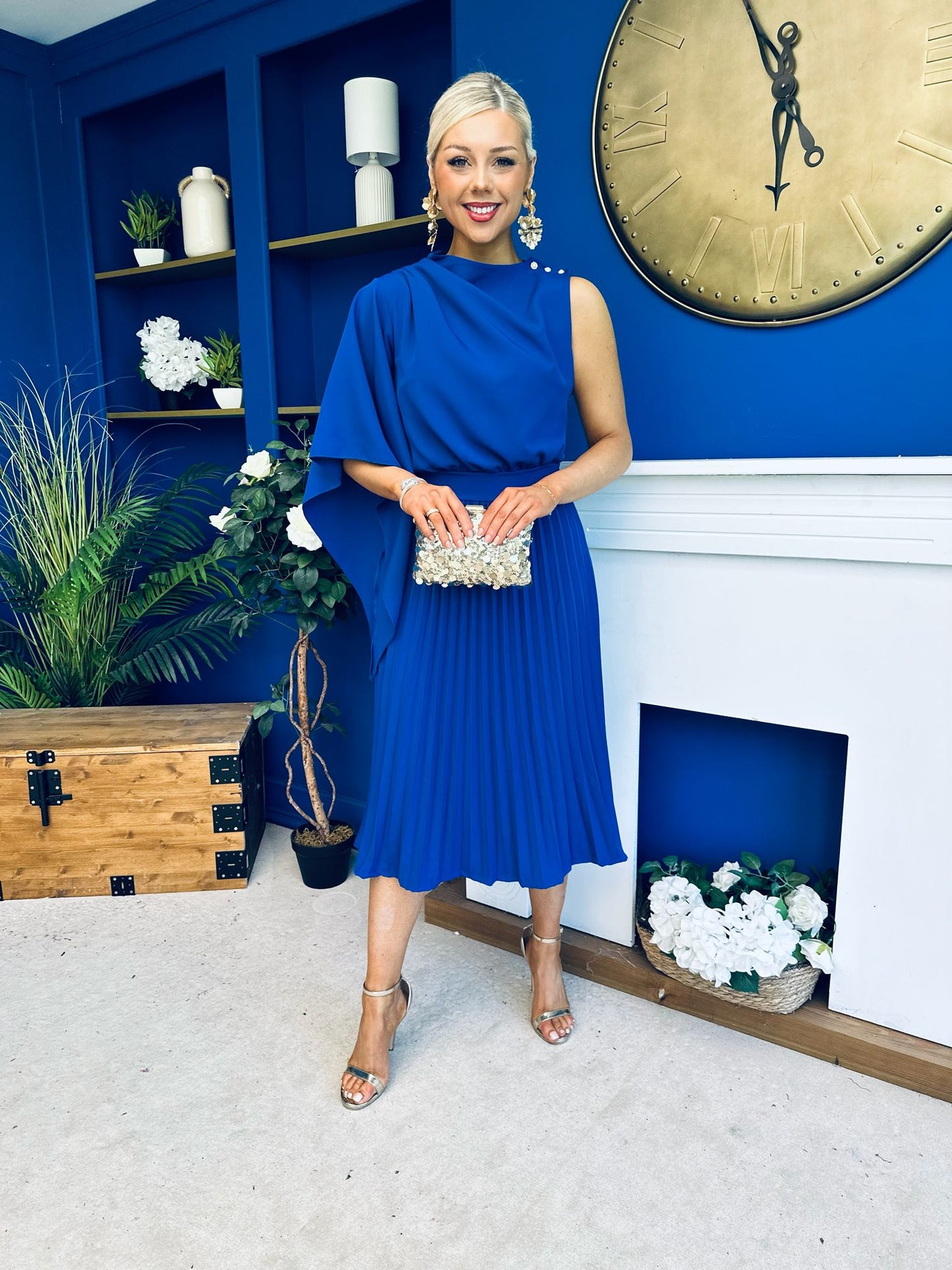Arabella Pleated Occasion Midi Dress Cobalt