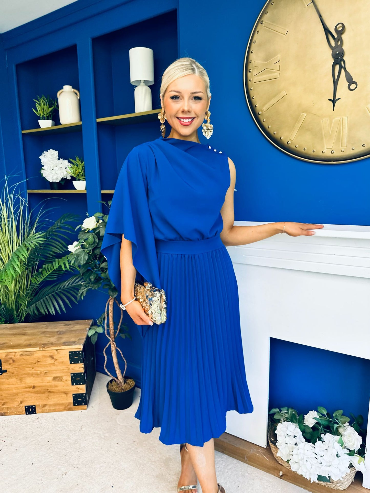 Arabella Pleated Occasion Midi Dress Cobalt
