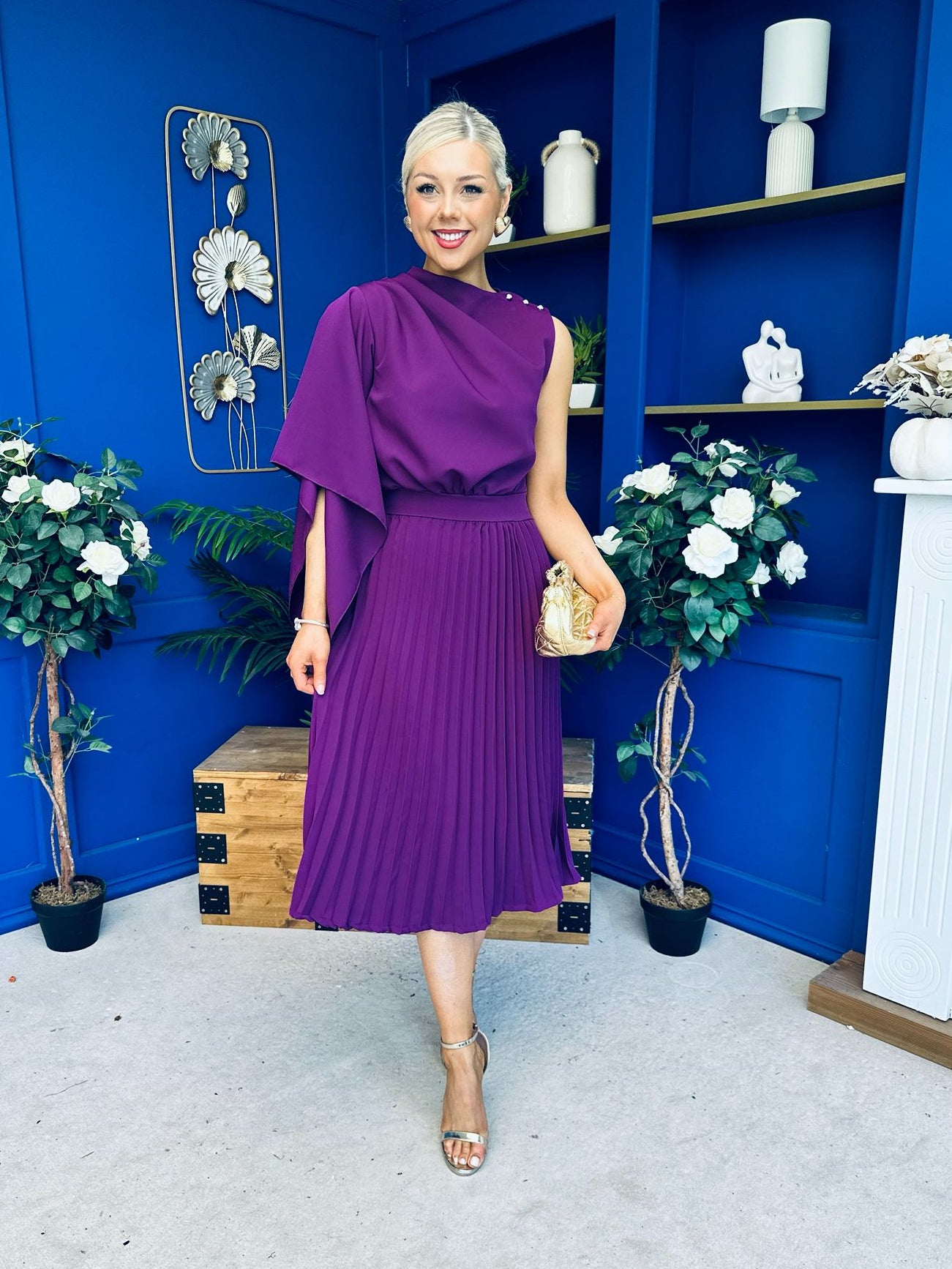 Arabella Pleated Occasion Midi Dress Berry