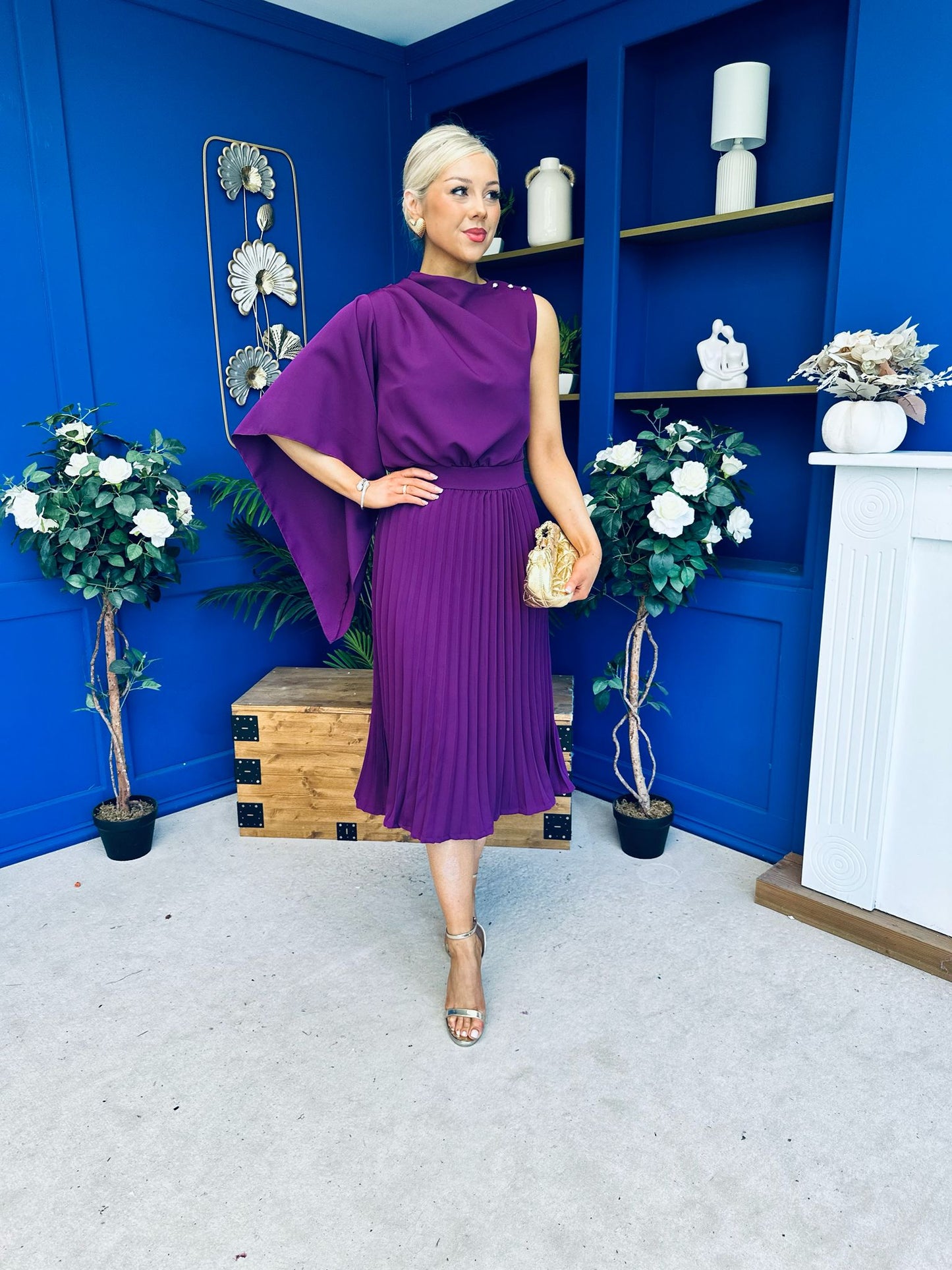 Arabella Pleated Occasion Midi Dress Berry