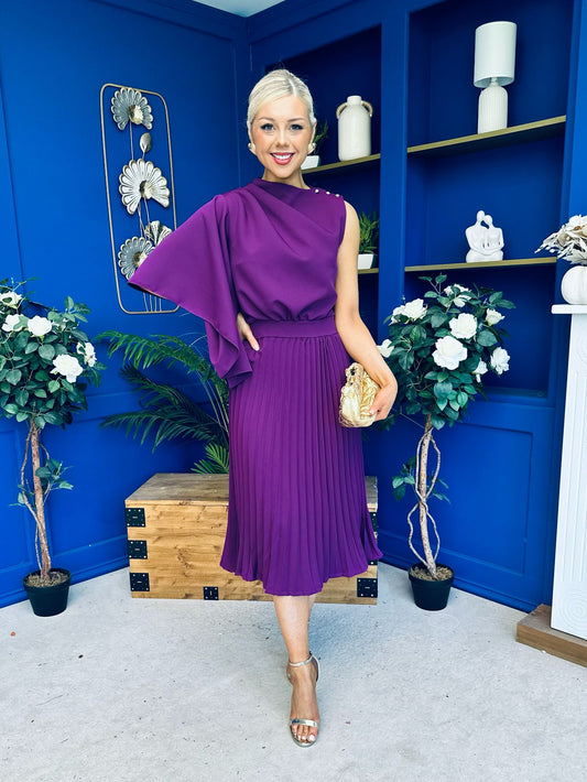 Arabella Pleated Occasion Midi Dress Berry
