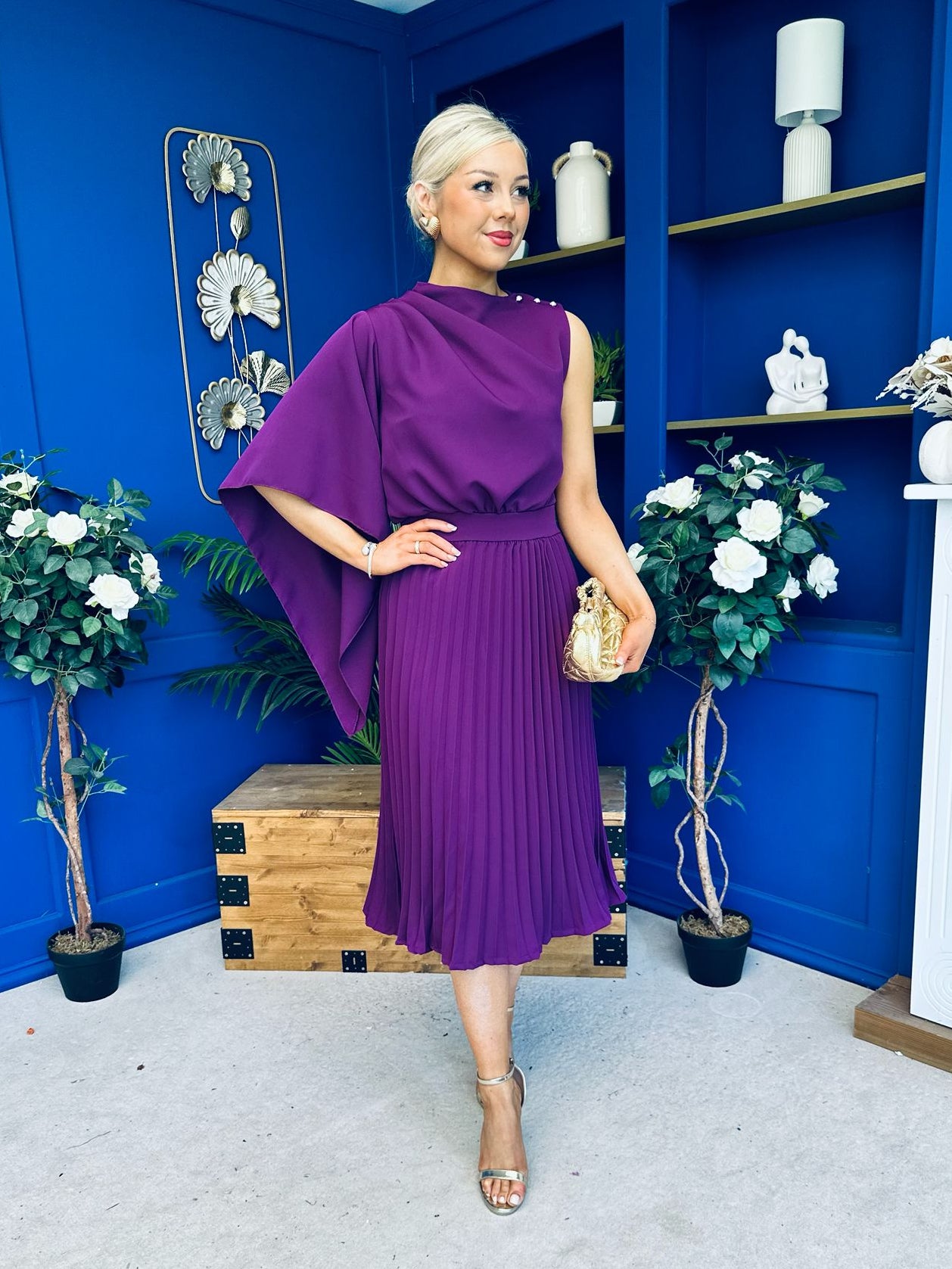 Arabella Pleated Occasion Midi Dress Berry