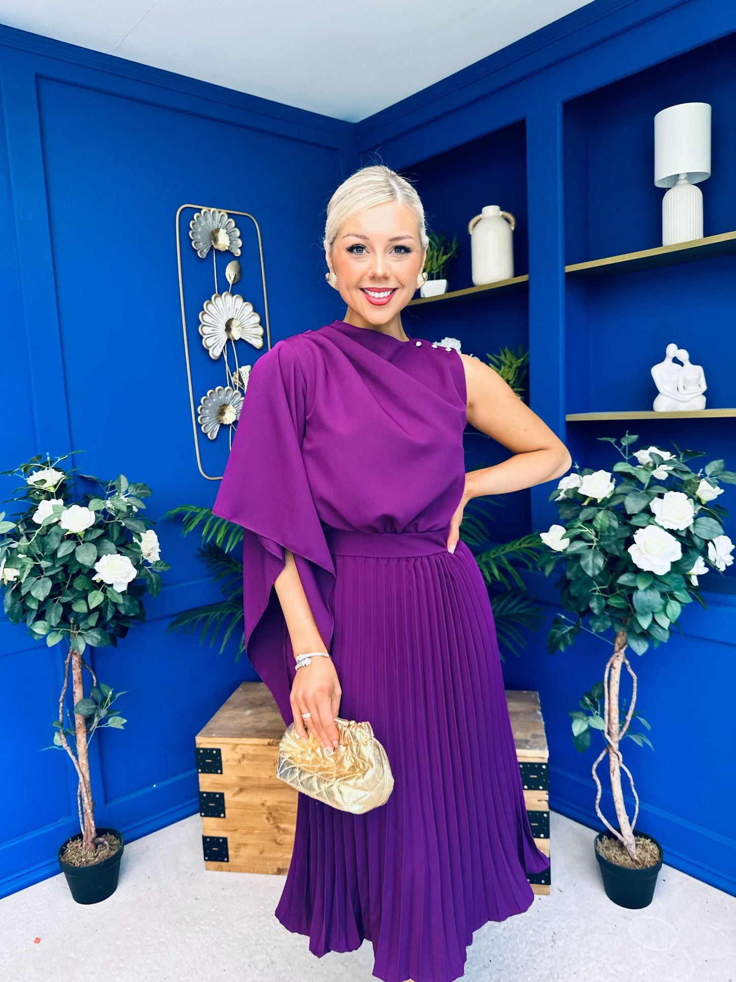 Arabella Pleated Occasion Midi Dress Berry