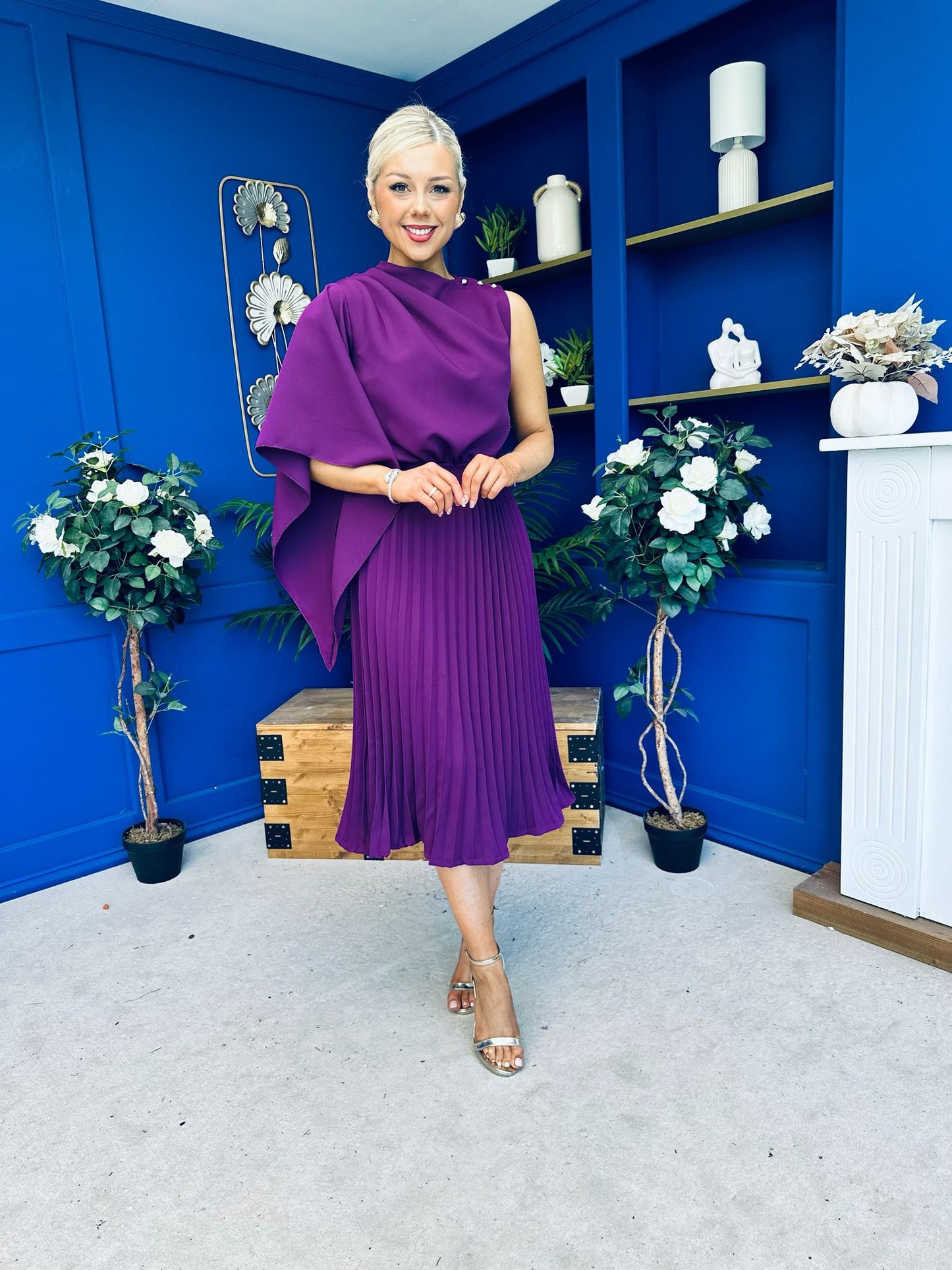 Arabella Pleated Occasion Midi Dress Berry