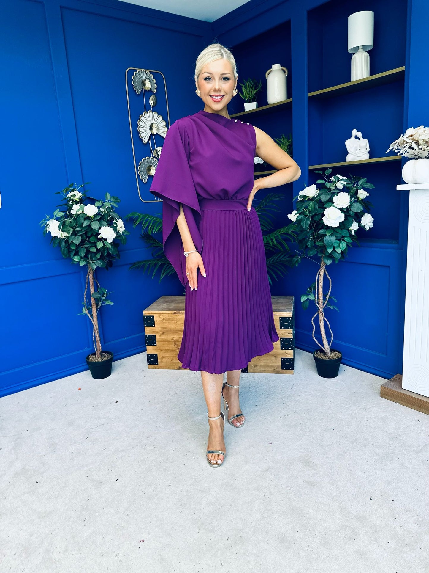 Arabella Pleated Occasion Midi Dress Berry