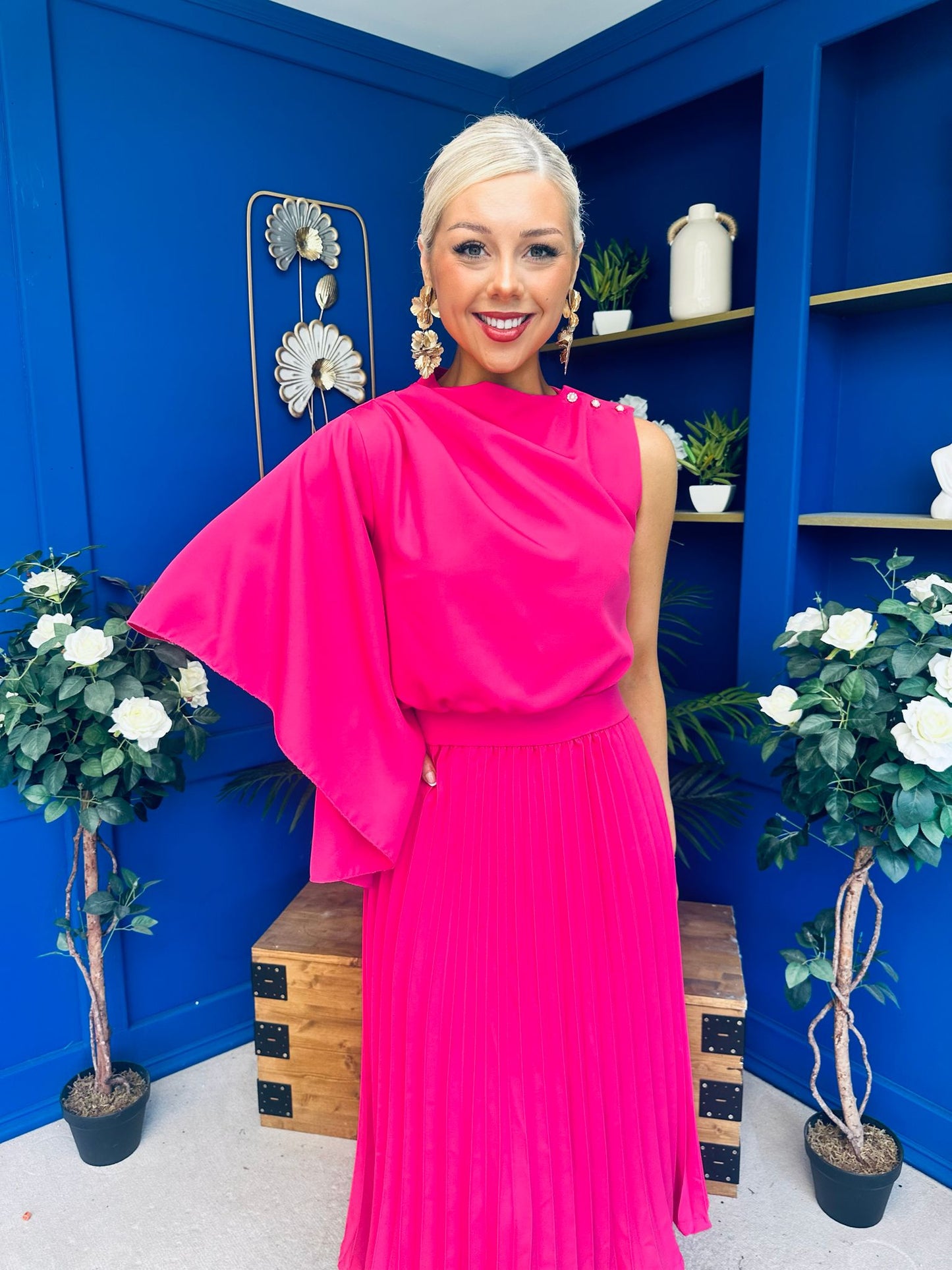 Arabella Pleated Occasion Midi Dress Cerise