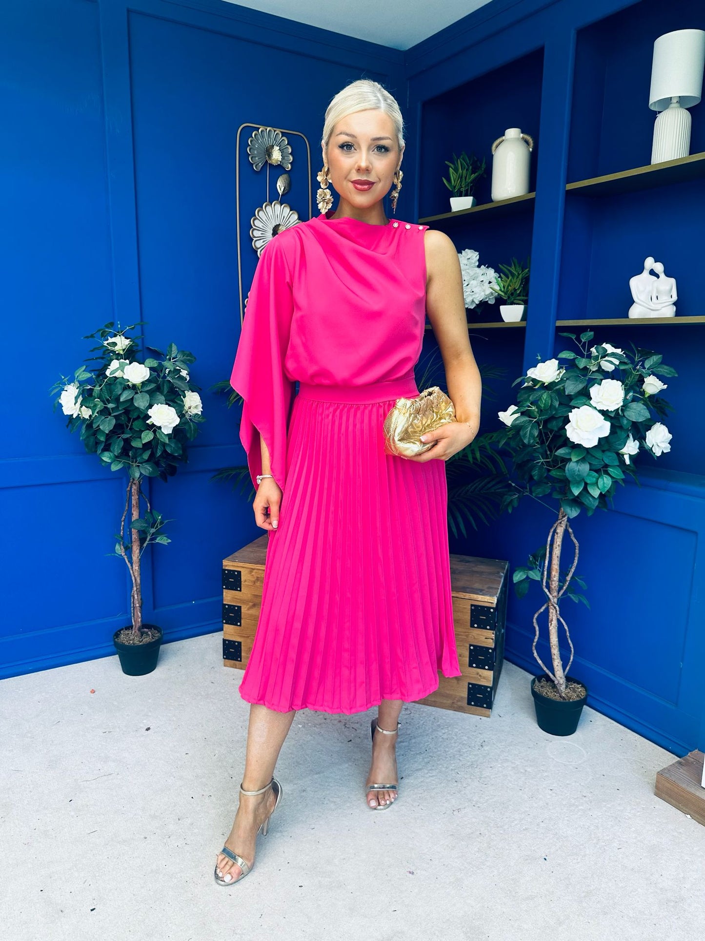 Arabella Pleated Occasion Midi Dress Cerise