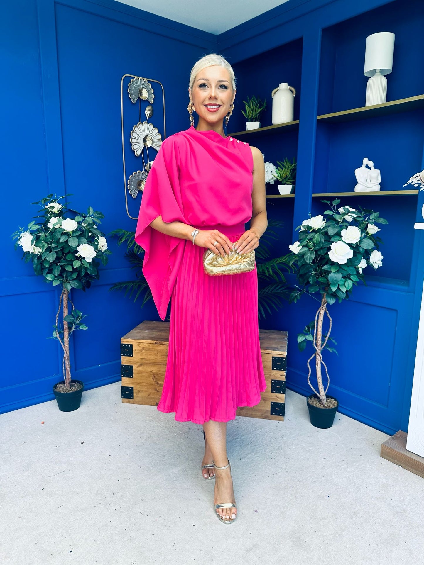 Arabella Pleated Occasion Midi Dress Cerise