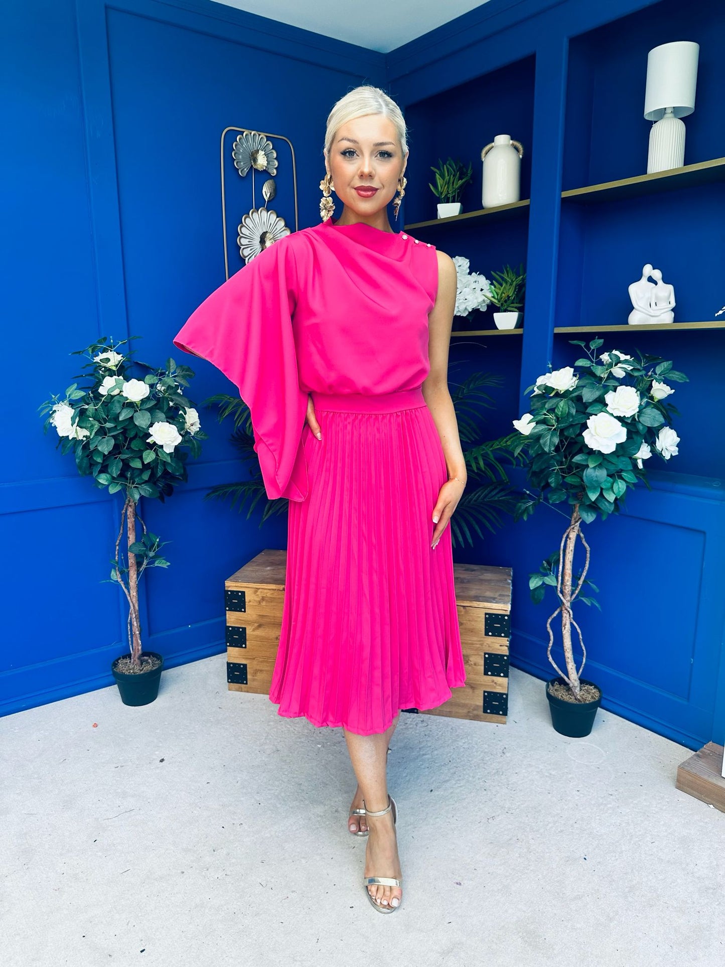 Arabella Pleated Occasion Midi Dress Cerise