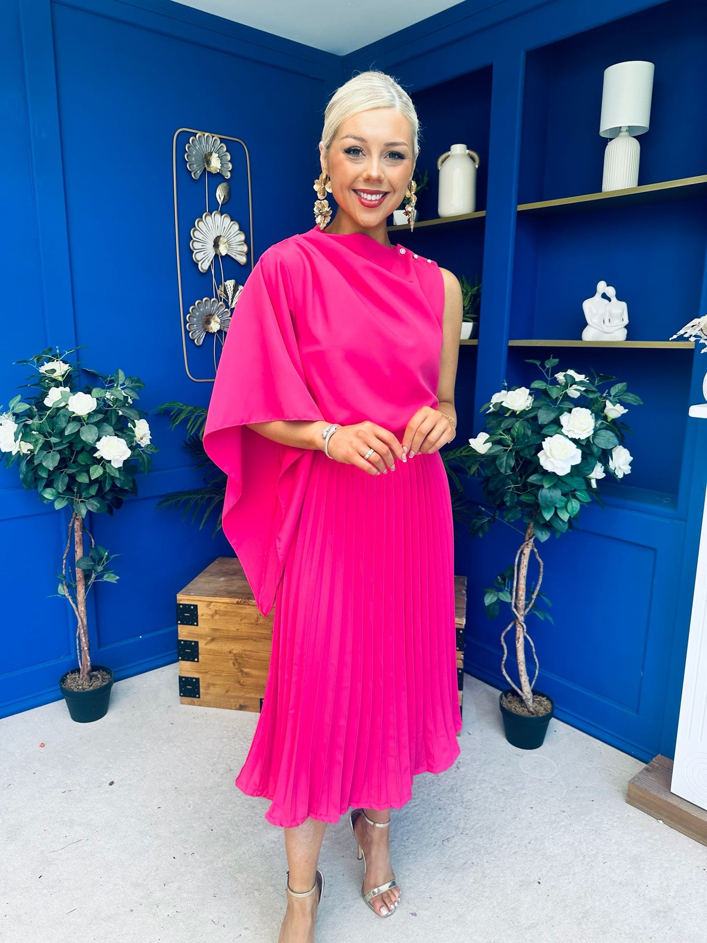 Arabella Pleated Occasion Midi Dress Cerise