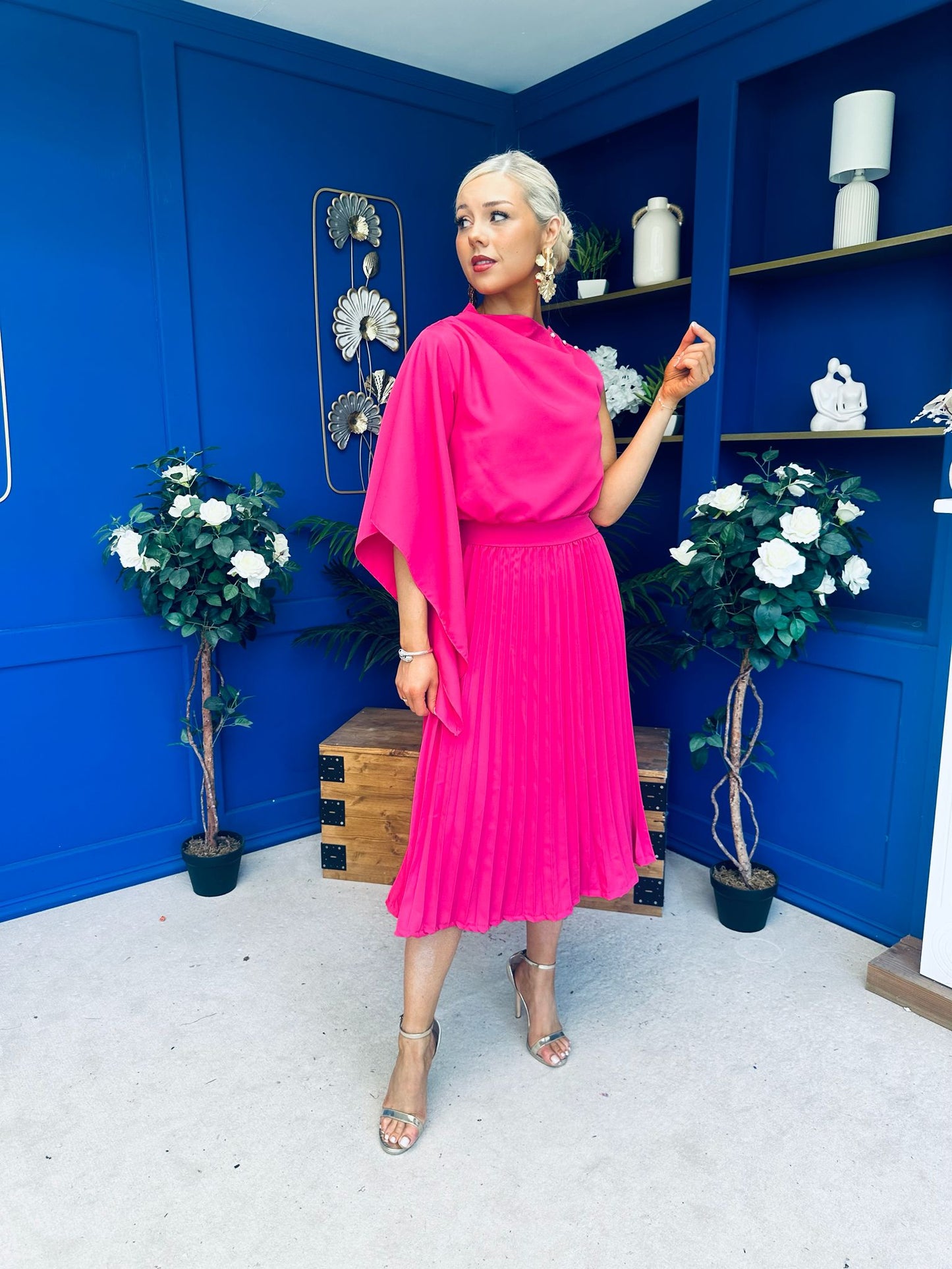 Arabella Pleated Occasion Midi Dress Cerise