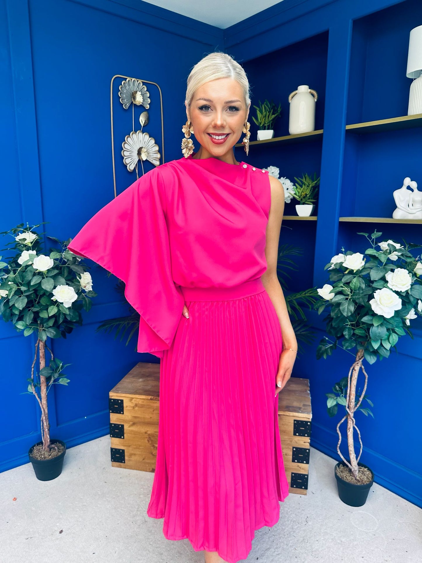 Arabella Pleated Occasion Midi Dress Cerise