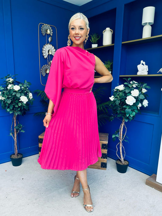 Arabella Pleated Occasion Midi Dress Cerise