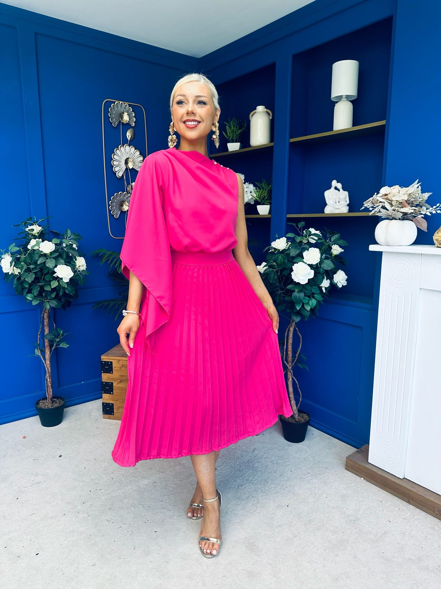 Arabella Pleated Occasion Midi Dress Cerise