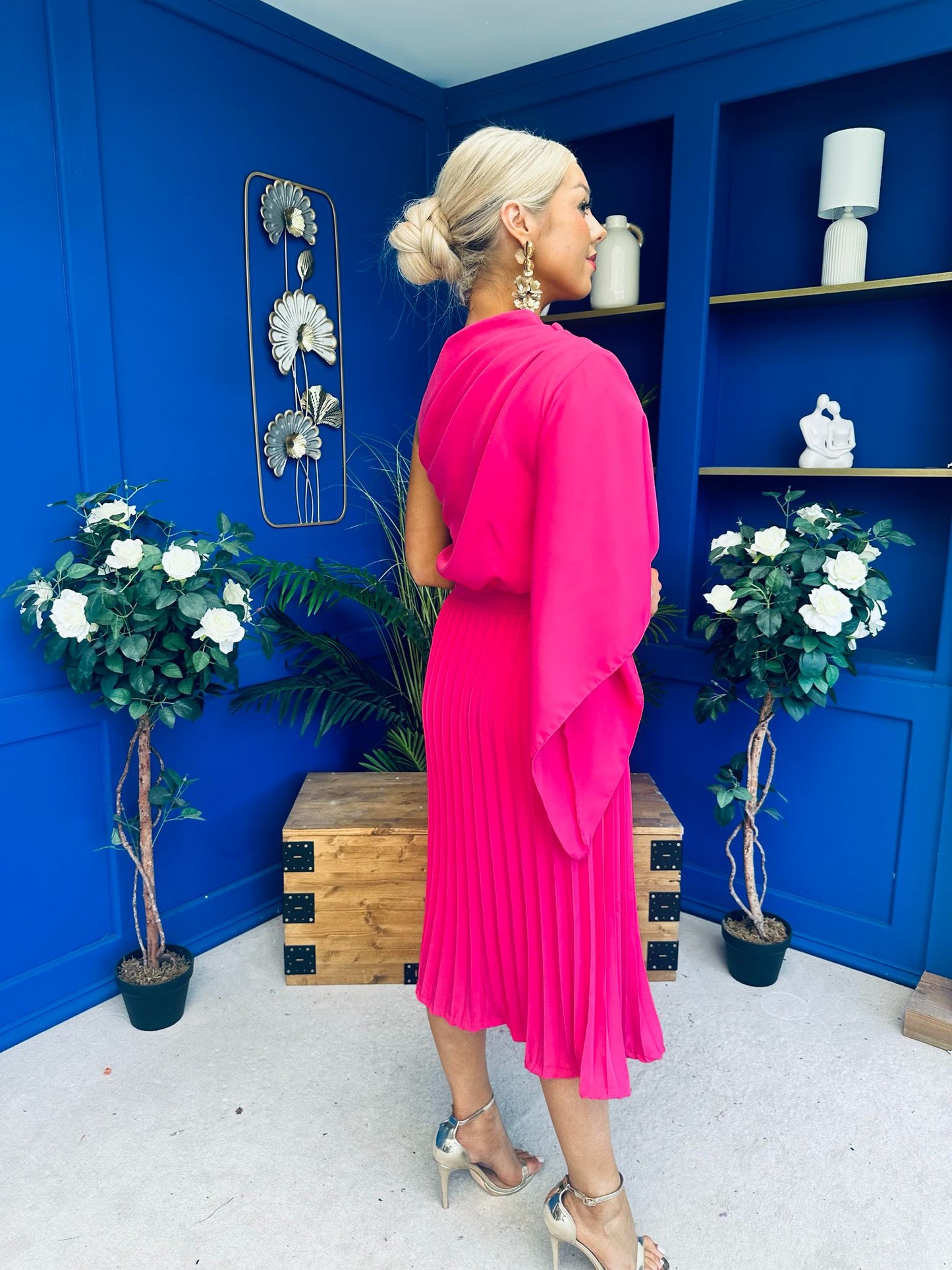 Arabella Pleated Occasion Midi Dress Cerise