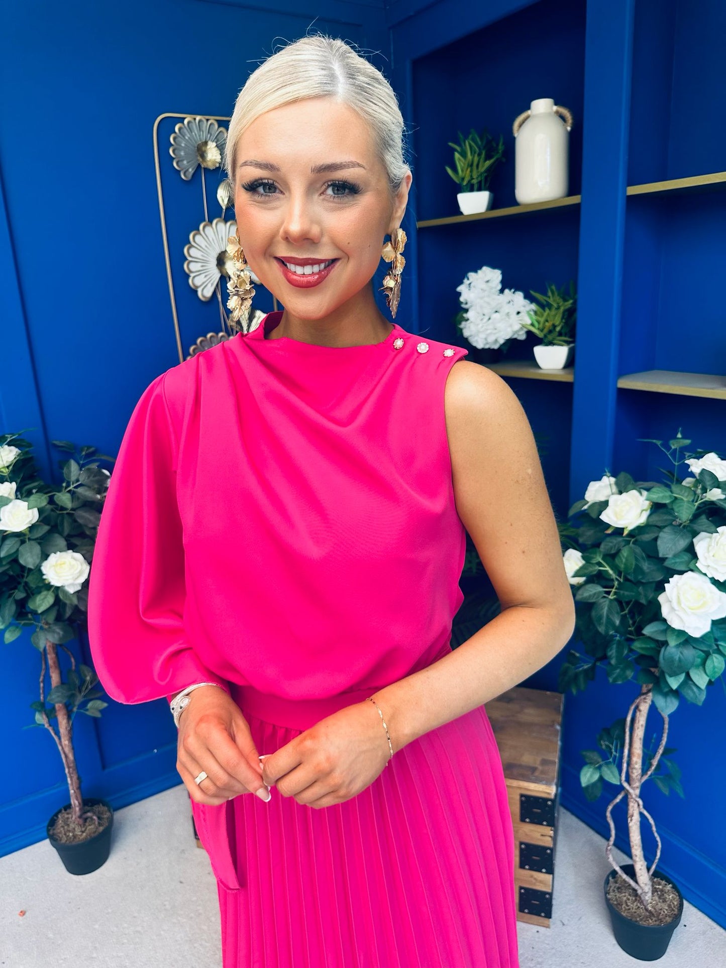 Arabella Pleated Occasion Midi Dress Cerise