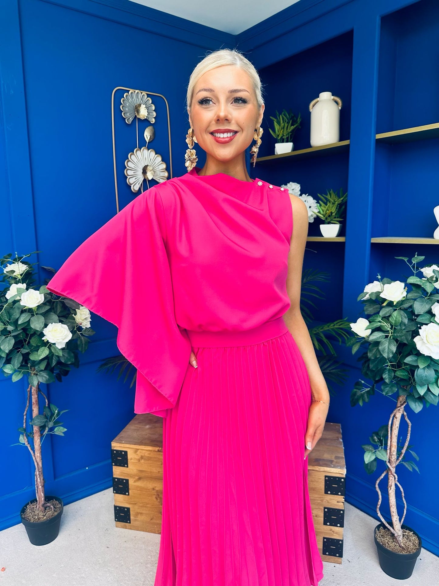 Arabella Pleated Occasion Midi Dress Cerise
