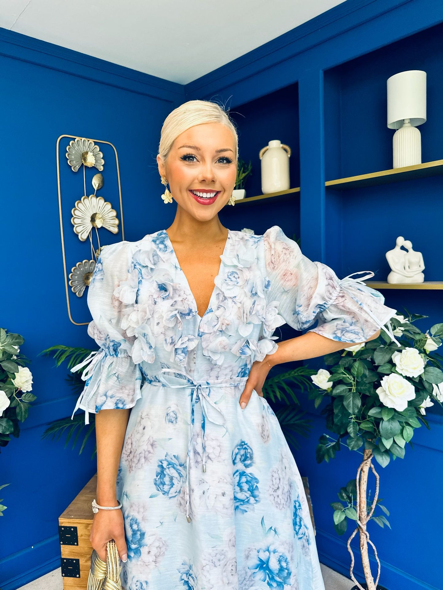 Holly 3D Floral Detailed Occasion Dress Floral Blue