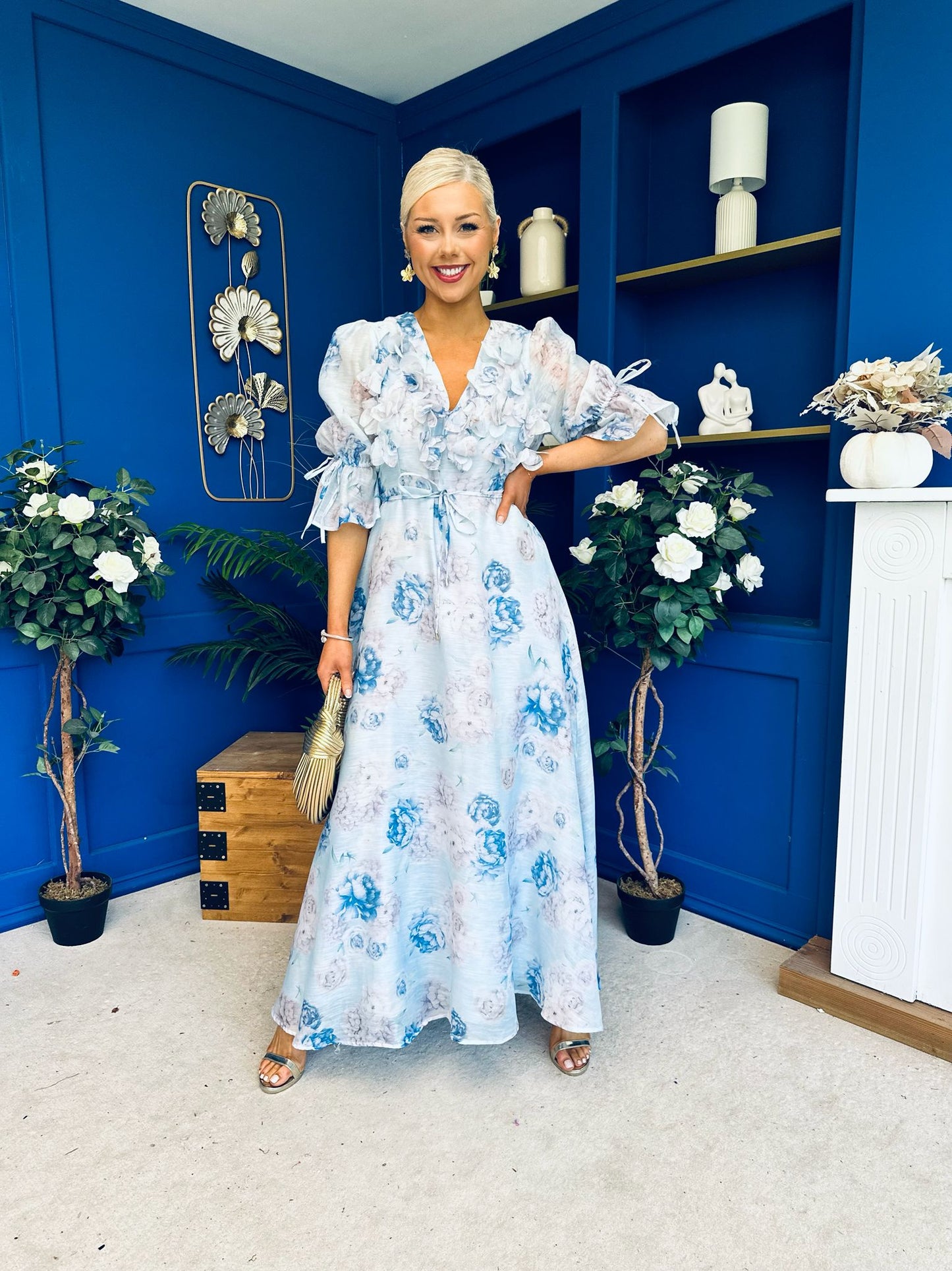 Holly 3D Floral Detailed Occasion Dress Floral Blue
