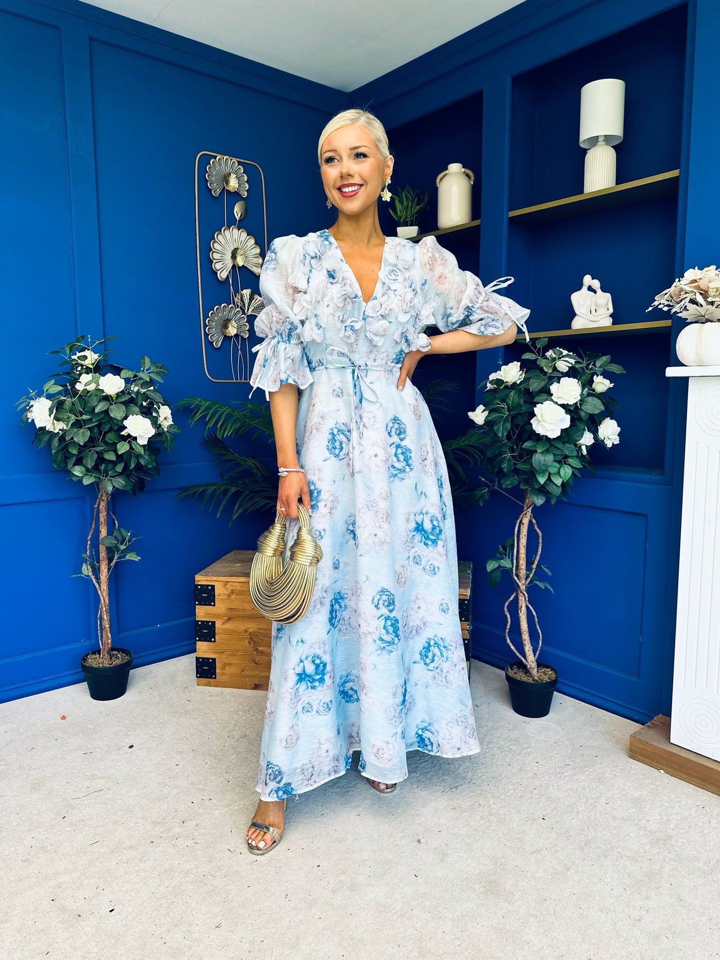Holly 3D Floral Detailed Occasion Dress Floral Blue