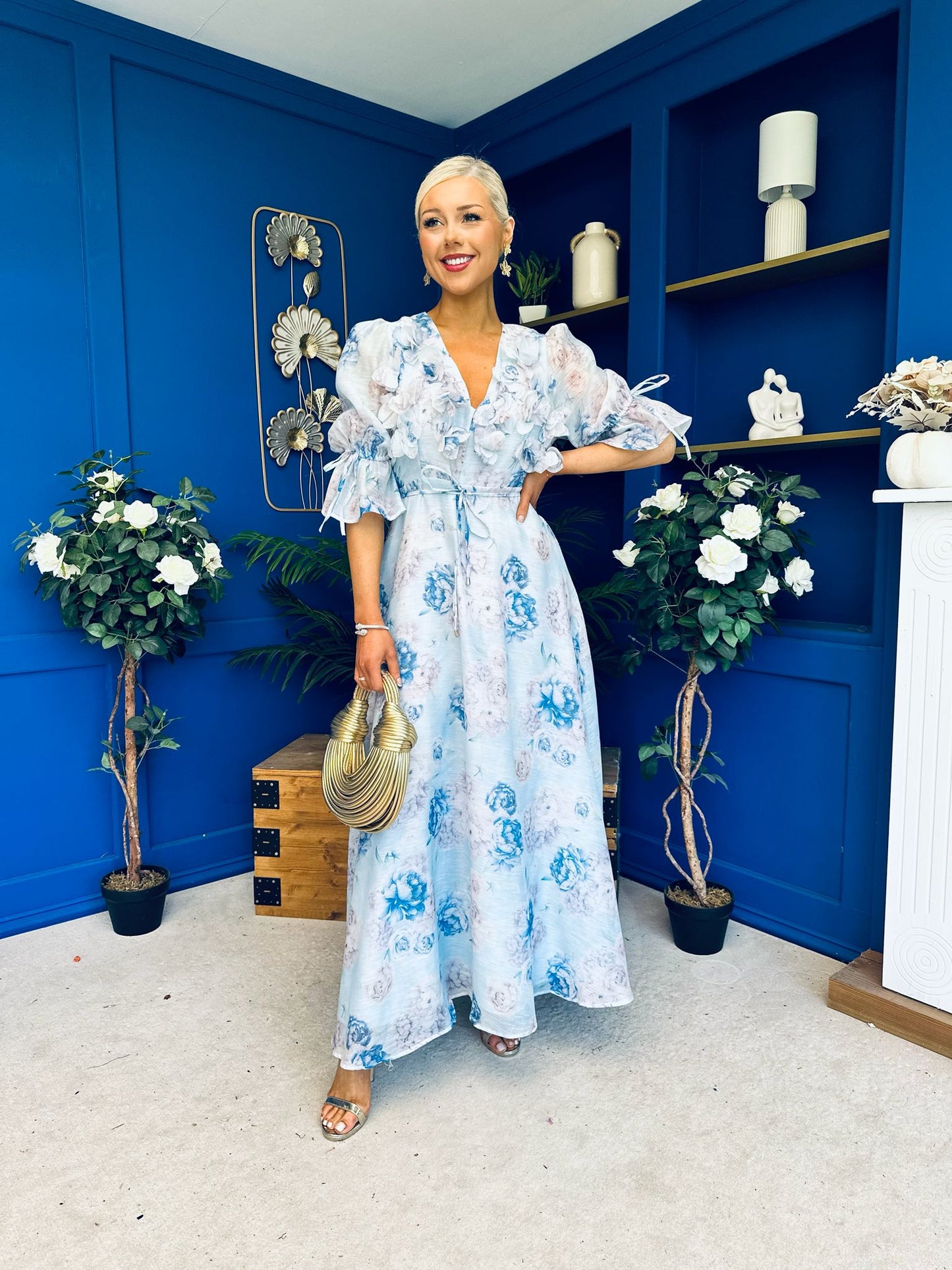 Holly 3D Floral Detailed Occasion Dress Floral Blue